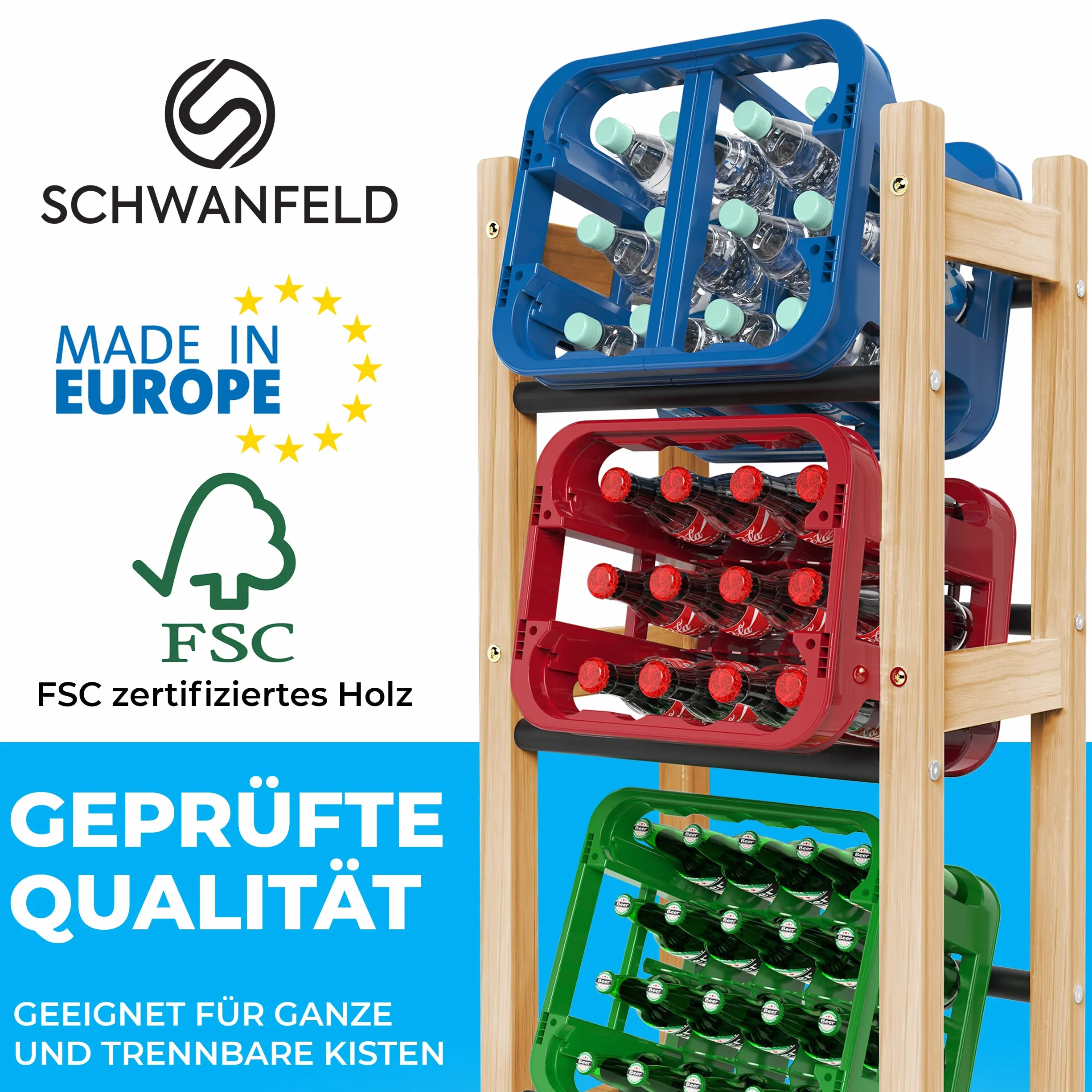 Schwanfeld® Regał na 3 skrzynki na napoje [odpowiedni do każdego rodzaju skrzynek] – w zestawie instrukcja montażu, śruby, klucz imbusowy – regał na napoje z wysokiej jakości drewna FSC – stabilny regał na skrzynki