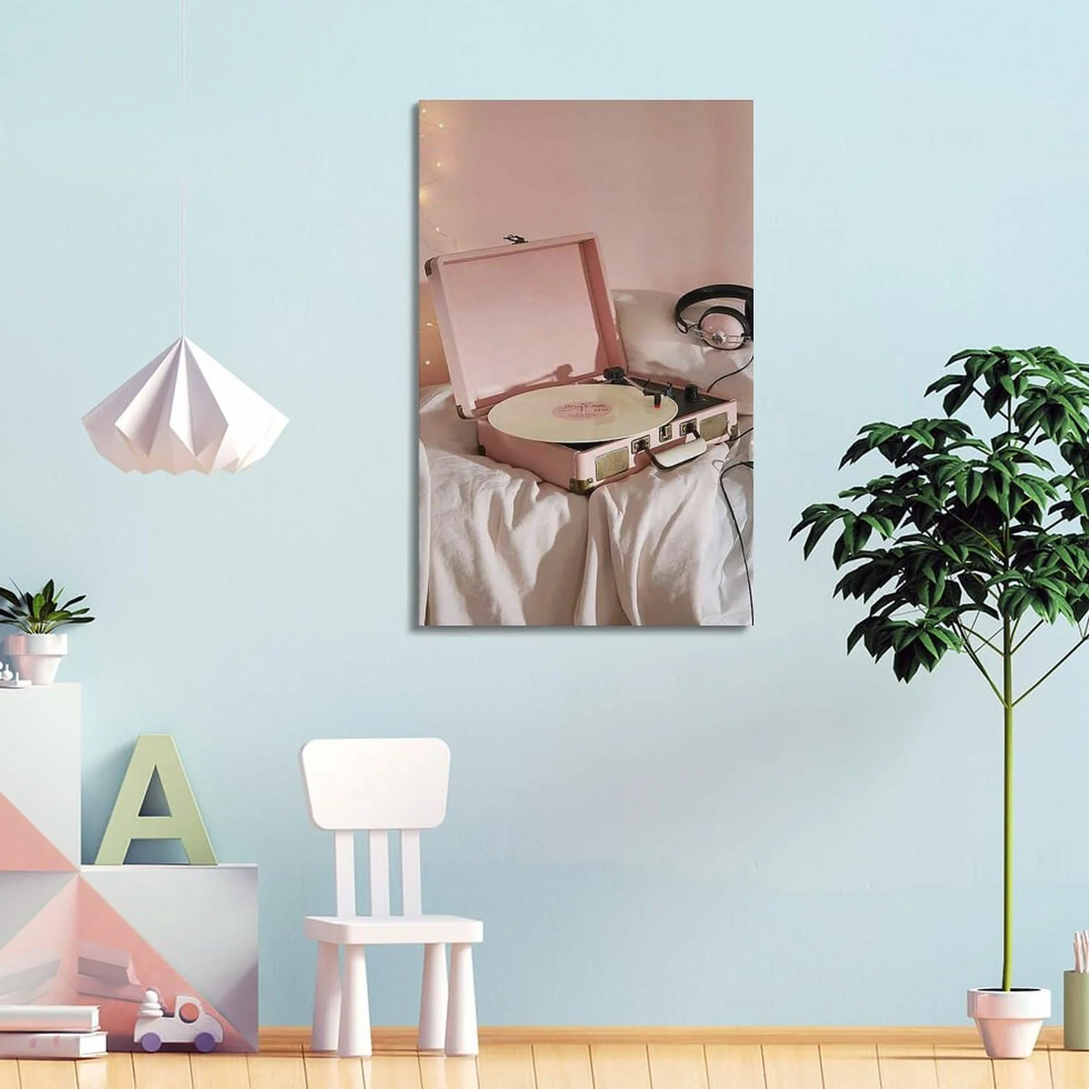 Różowy gramofon z płytą winylową i słuchawkami sztuka ścienna, retro dekoracja muzyczna do salonu i sypialni plakat dekoracyjny obraz płótno plakaty ścienne i obraz artystyczny nadruk nowoczesna