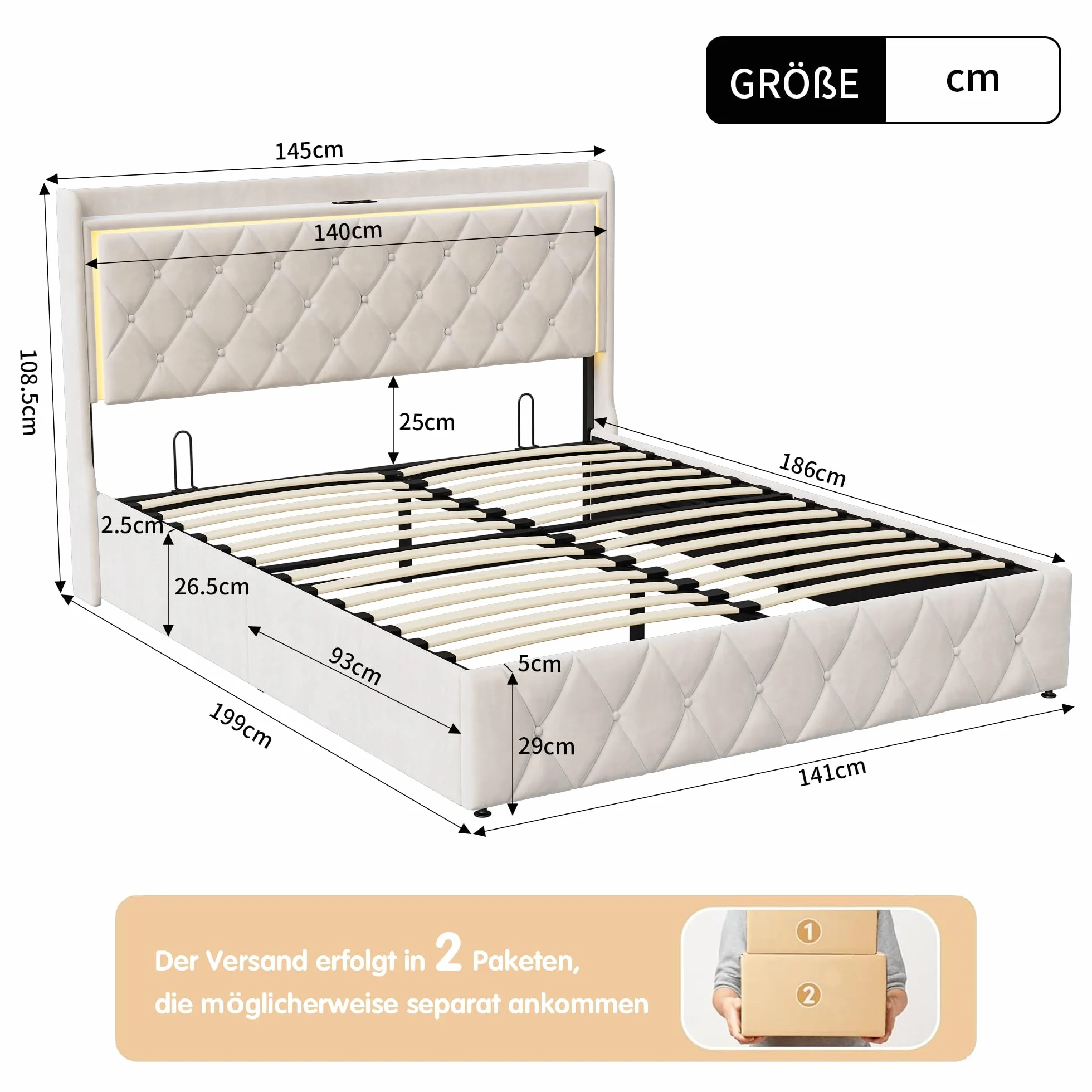 MOTUZP Łóżko tapicerskie o wymiarach 140 x 190 cm z hydraulicznym schowkiem, zagłówek z oświetleniem LED i USB typu C, zagłówek do przechowywania, funkcjonalne łóżko dla dorosłych i młodzieży, bez