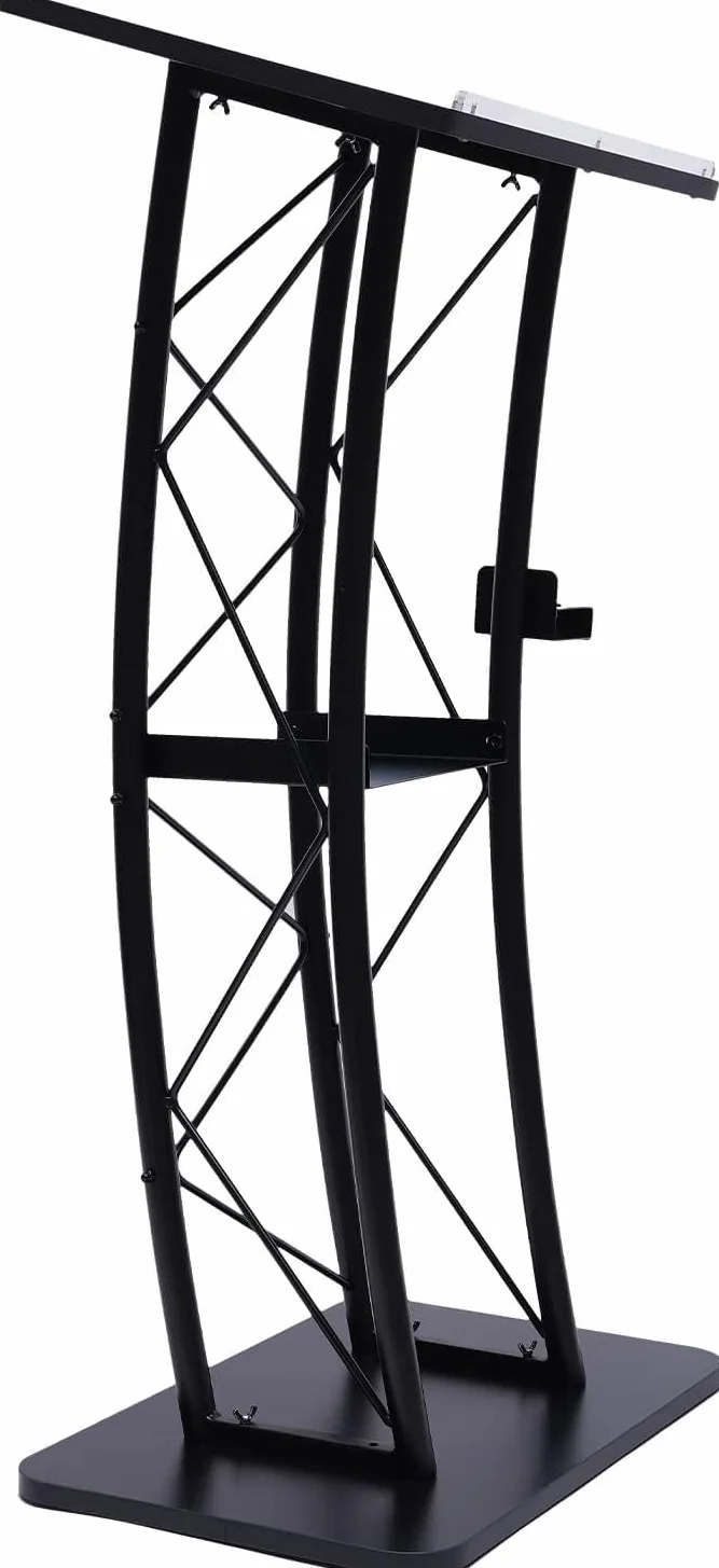 Czarny zakrzywiony metalowy stojak na podium, mównica stojąca z uchwytem na kubek, 40 x 60 x 120 cm, do biura, szkoły i na imprezy