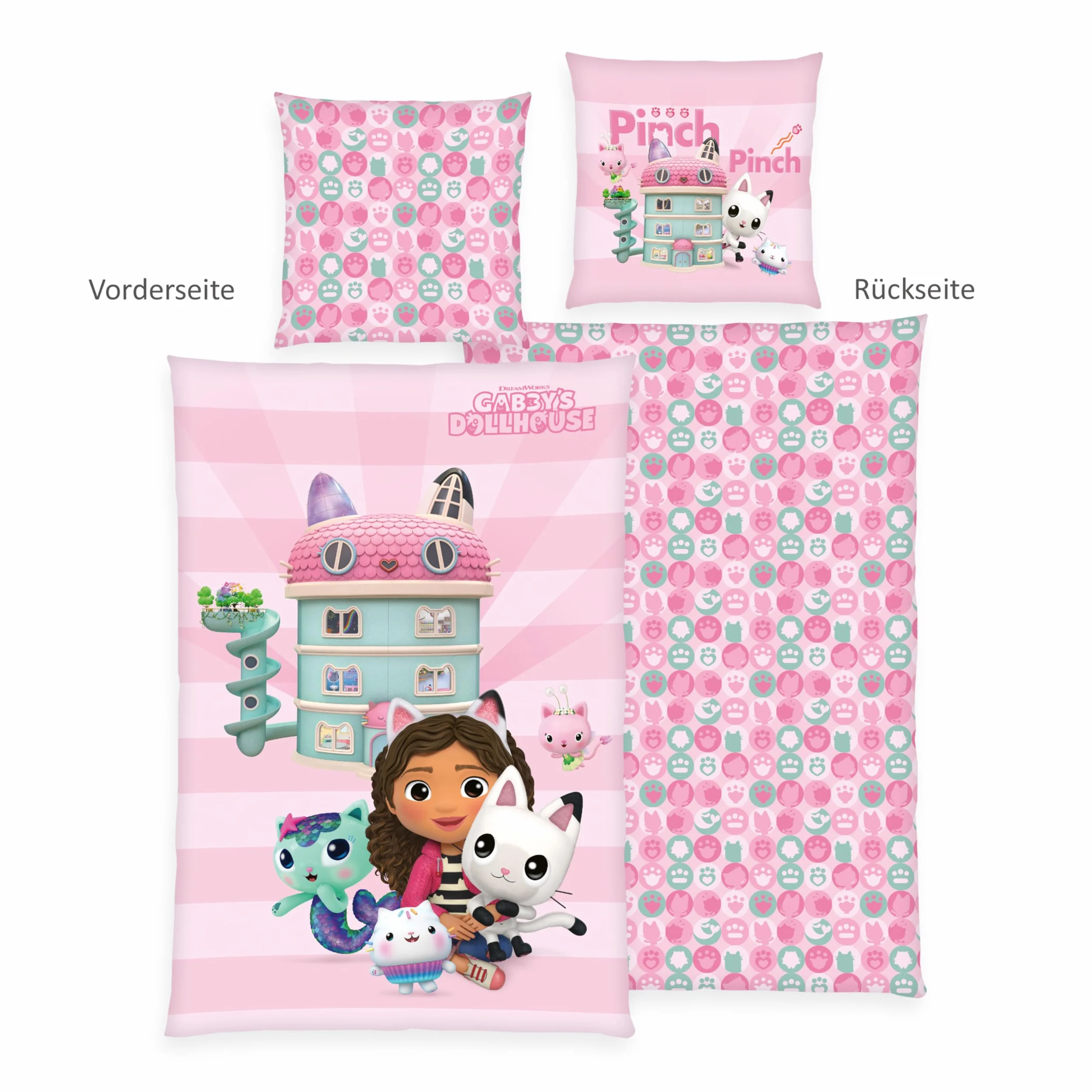 Gabby's Dollhouse Pościel z poszewką na poduszkę ok. 80 x 80 cm, poszwa na kołdrę ok. 135 x 200 cm, z lekko poruszającym się zamkiem błyskawicznym, 100% bawełna, Renforcé
