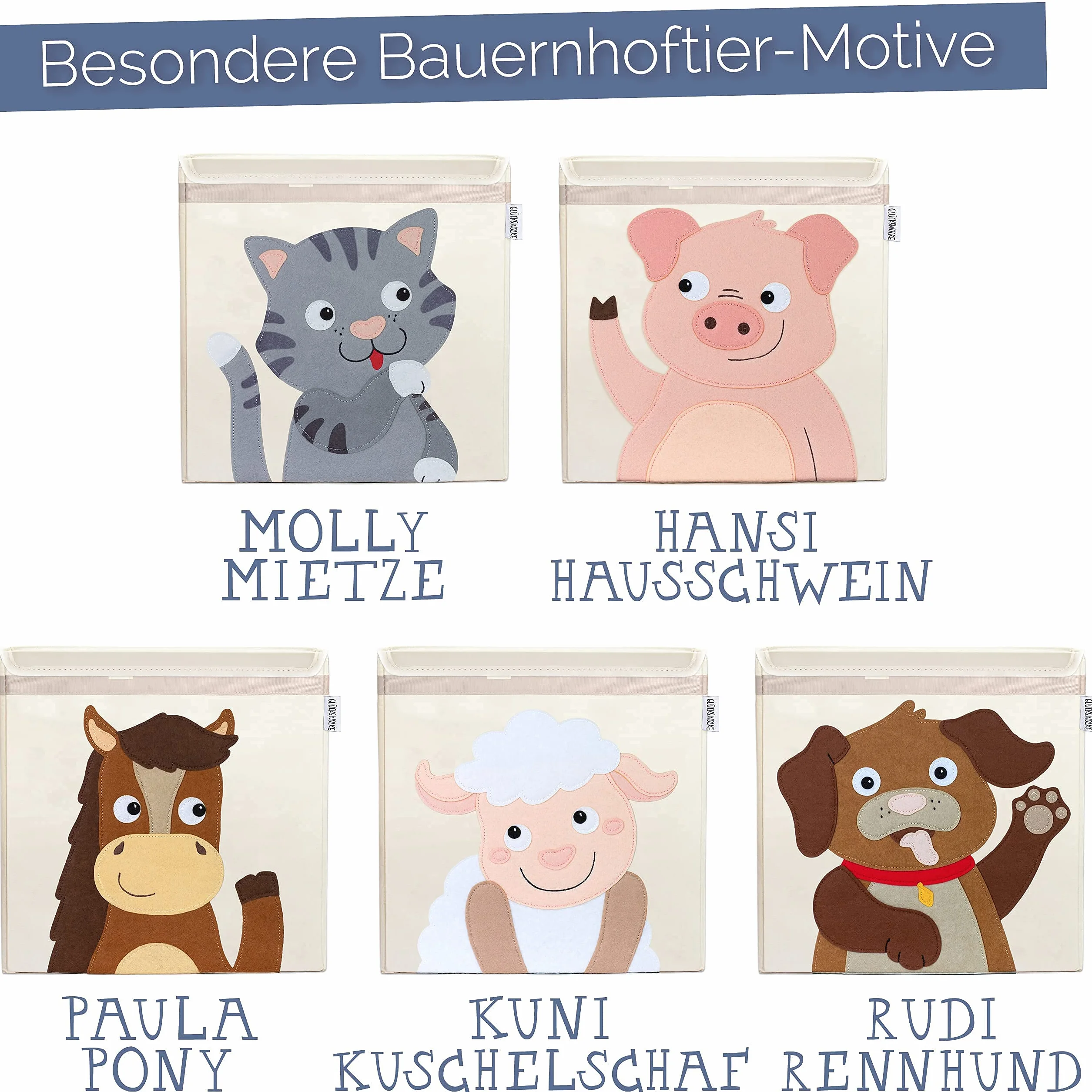 GLÜCKSWOLKE Pudełko do przechowywania dla dzieci – 15 motywów I skrzynka na zabawki z pokrywką do pokoju dziecięcego I pudełko na zabawki (33x33x33) I gospodarstwo rolne świnka (świnia)