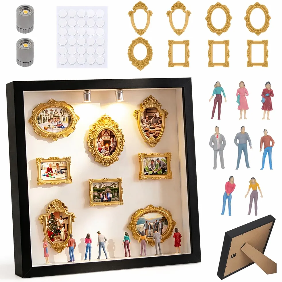 Mini muzeum "zrób to sam" Silhouette Box, nowy kreatywny zestaw pamiątkowy, mini ramka na zdjęcia w stylu vintage, ze złotą ramką, na rocznicę, ślub, dekoracja domu (czarna)