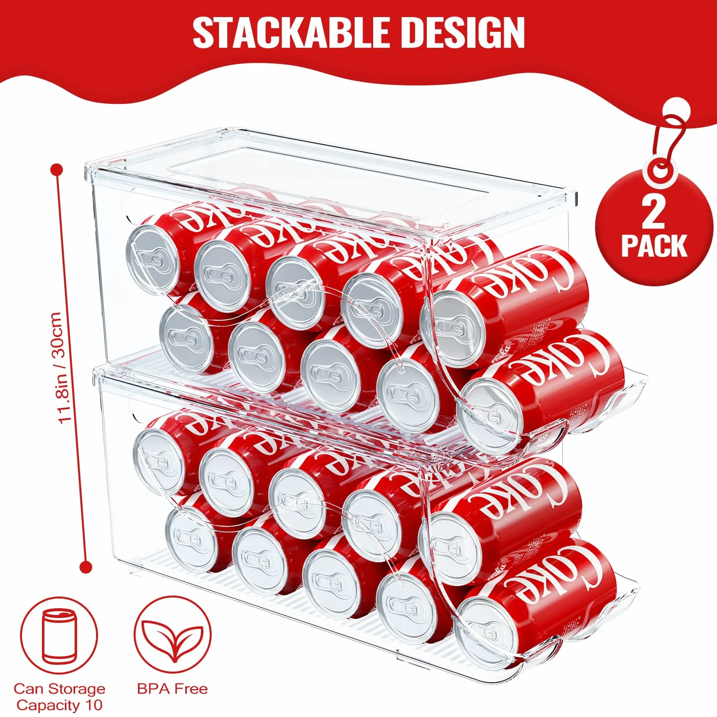SCAVTA Organizer do lodówki z możliwością układania w stos, dozownik puszek na napoje z pokrywką, do lodówki, zamrażarki, kuchni, przezroczyste plastikowe pojemniki do przechowywania, pomieści 10