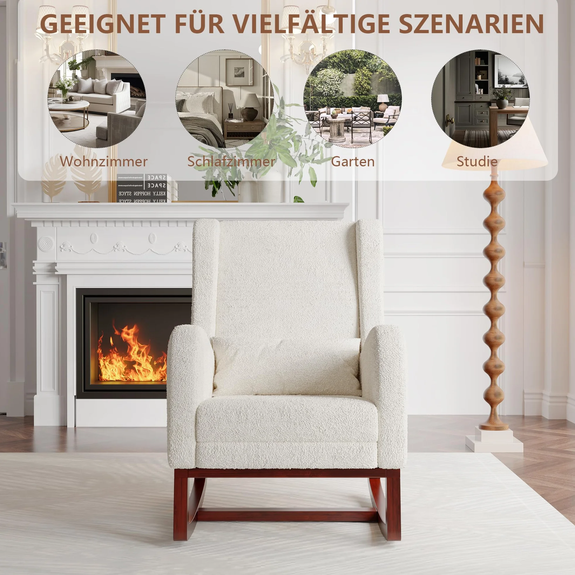 Accent fotel bujany z podstawą z litego drewna, nowoczesny, wygodny fotel tapicerowany z poduszką pod plecy i zwiewnym podnóżkiem, sofa, bujany z boczną kieszenią, do domu (Sherpa Boucle,