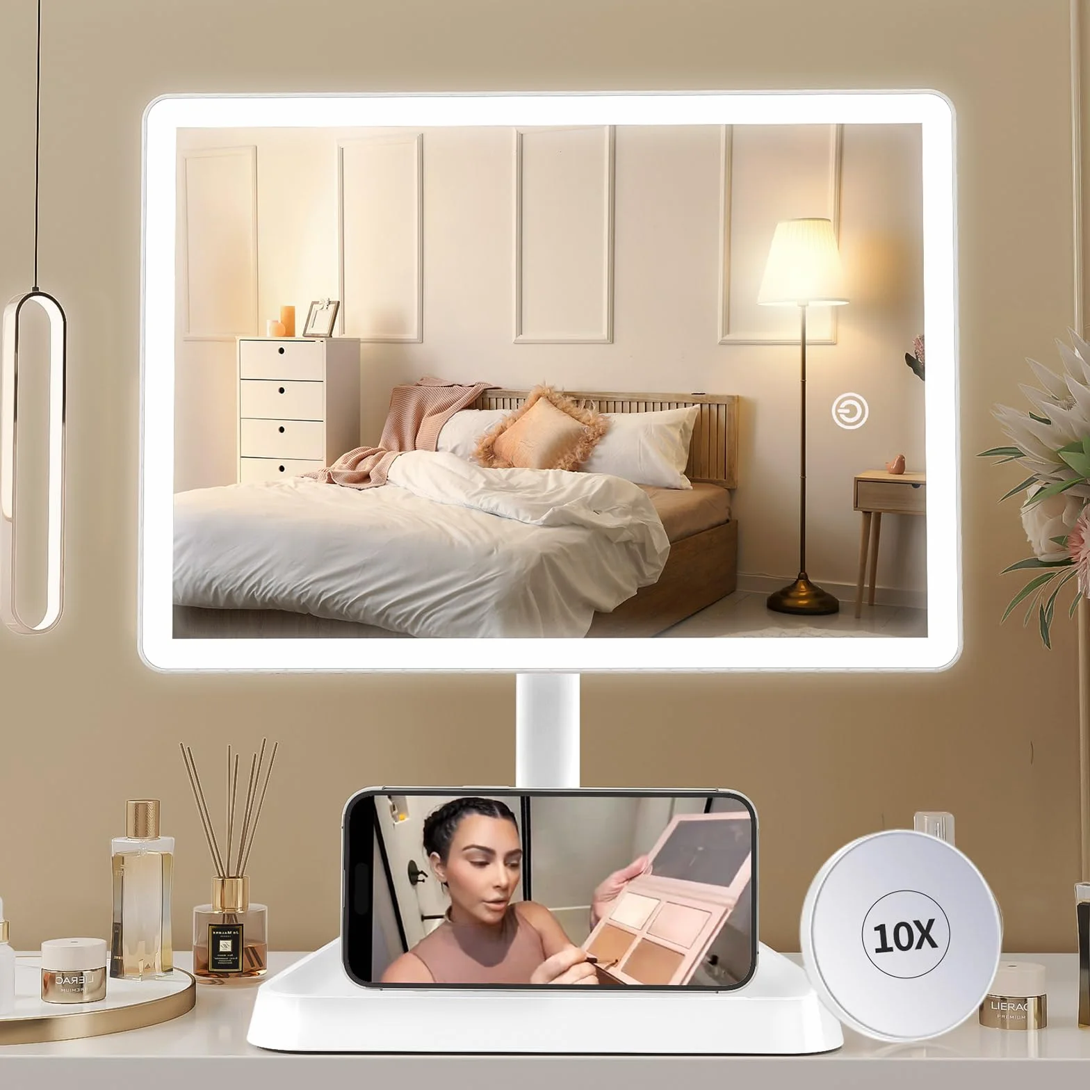 FASCINATE Duże podświetlane lusterko kosmetyczne do makijażu z 96 diodami LED, ładowalne lusterko podświetlane na baterię litową (Snowe)