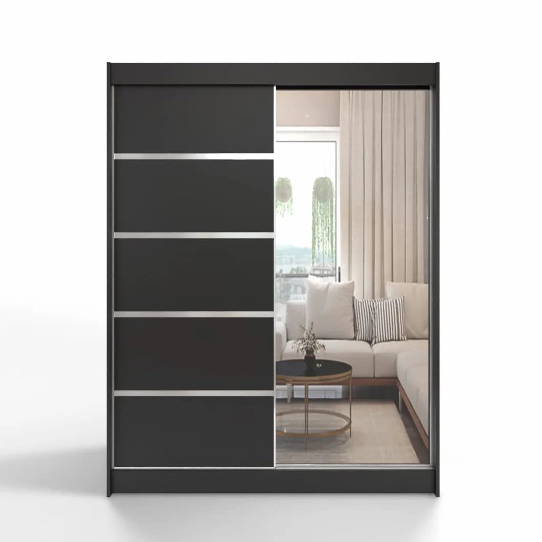 ML Furniture V5 szafa przesuwna 150 cm z lustrem, szafa na ubrania do sypialni, salonu - 150 x 200 x 58 cm, kolor: czarny, szafa z drzwiami przesuwnymi