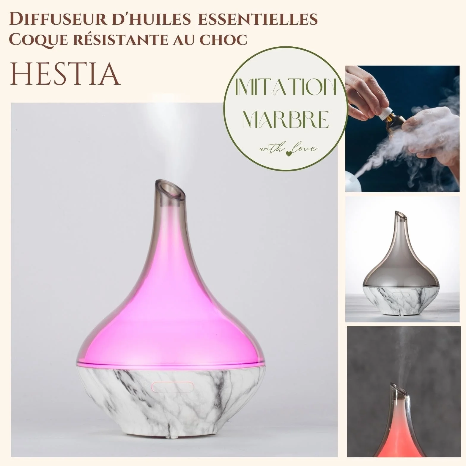 Zen'Aroma Dyfuzor olejku Hestia, ultradźwiękowy dyfuzor do aromaterapii zimnej, elektryczny dyfuzor nawilżacza, konfigurowalne oświetlenie LED, nowoczesny design, cichy i kompaktowy