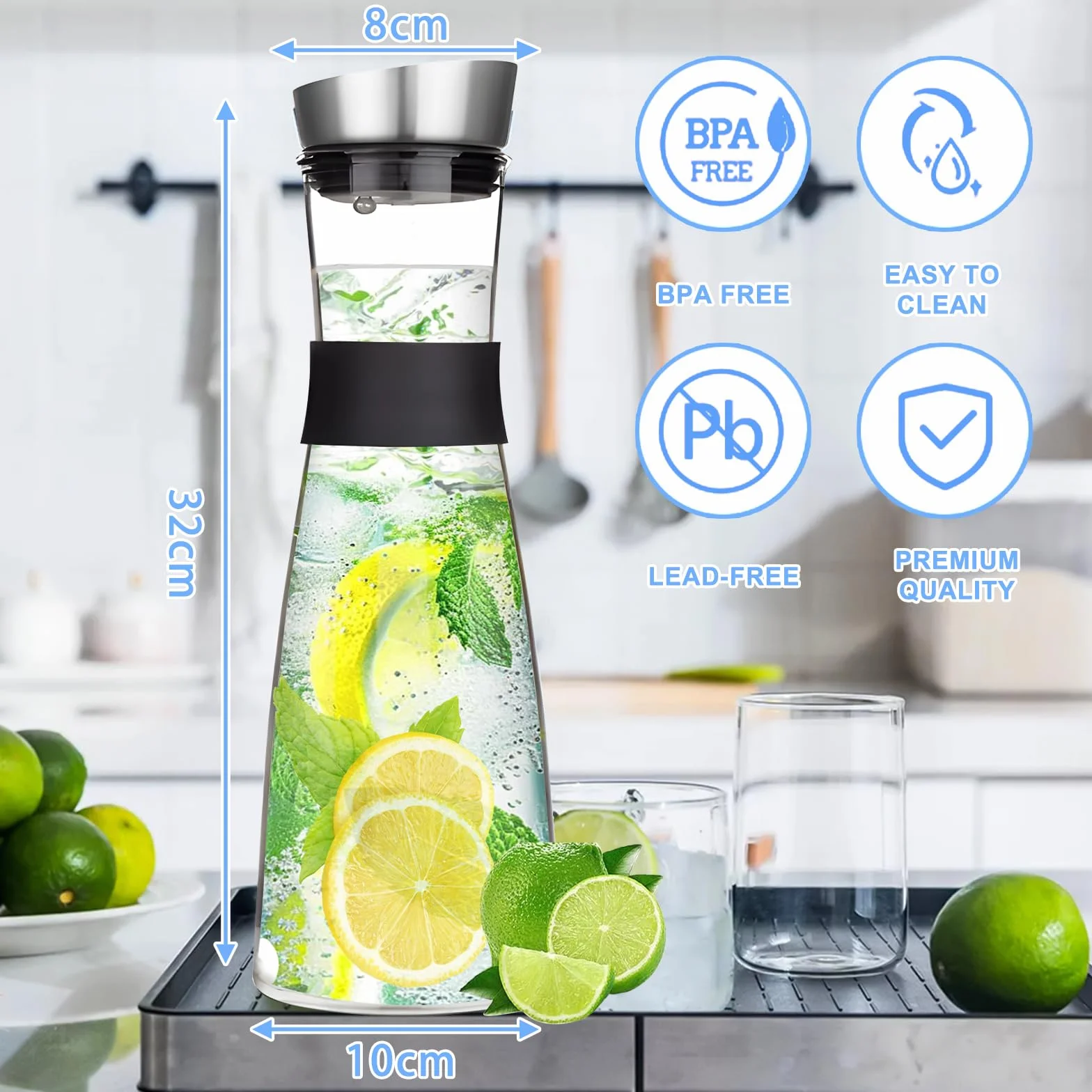 FAMKEEP Szklany dzbanek na wodę, szklana butelka o pojemności 1200 ml i pokrywka ze stali nierdzewnej, szklany dzbanek na wodę do zimnego, gorącego soku, herbaty, mleka i kawy