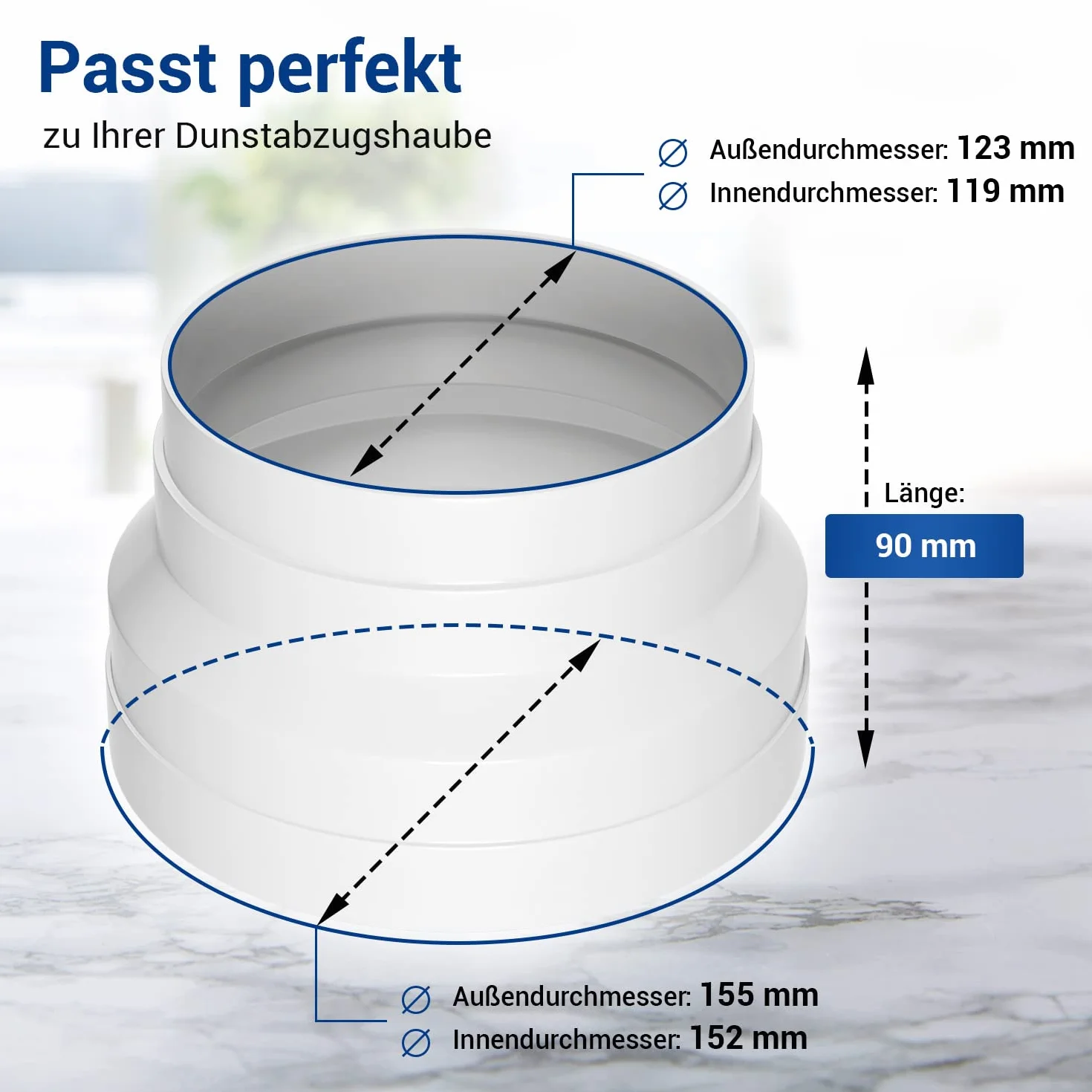 VIOKS Adapter węża wylotowego 150 mm – 125 mm, redukcja do rury wylotowej, okap, wąż wylotowy, łącznik do węża wentylacyjnego PCW, 150 mm