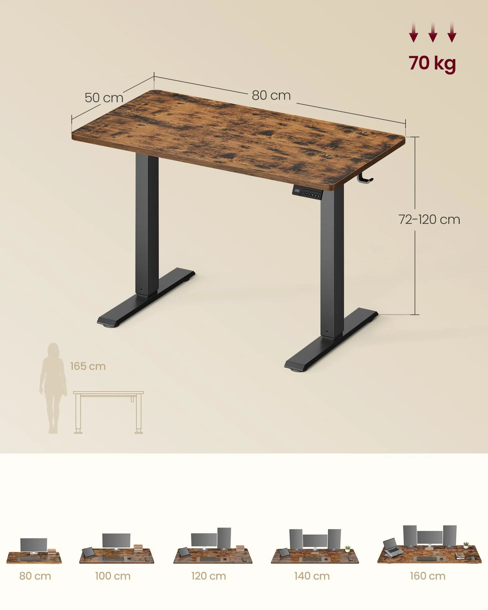 VASAGLE Biurko elektryczne podnoszone ze stali i płyty wiórowej cichy silnik 4 ustawienia pamięci 80 x 50 x (72-120) cm, rustykalny brąz, do biura, kolekcja Balok LSD308KD03