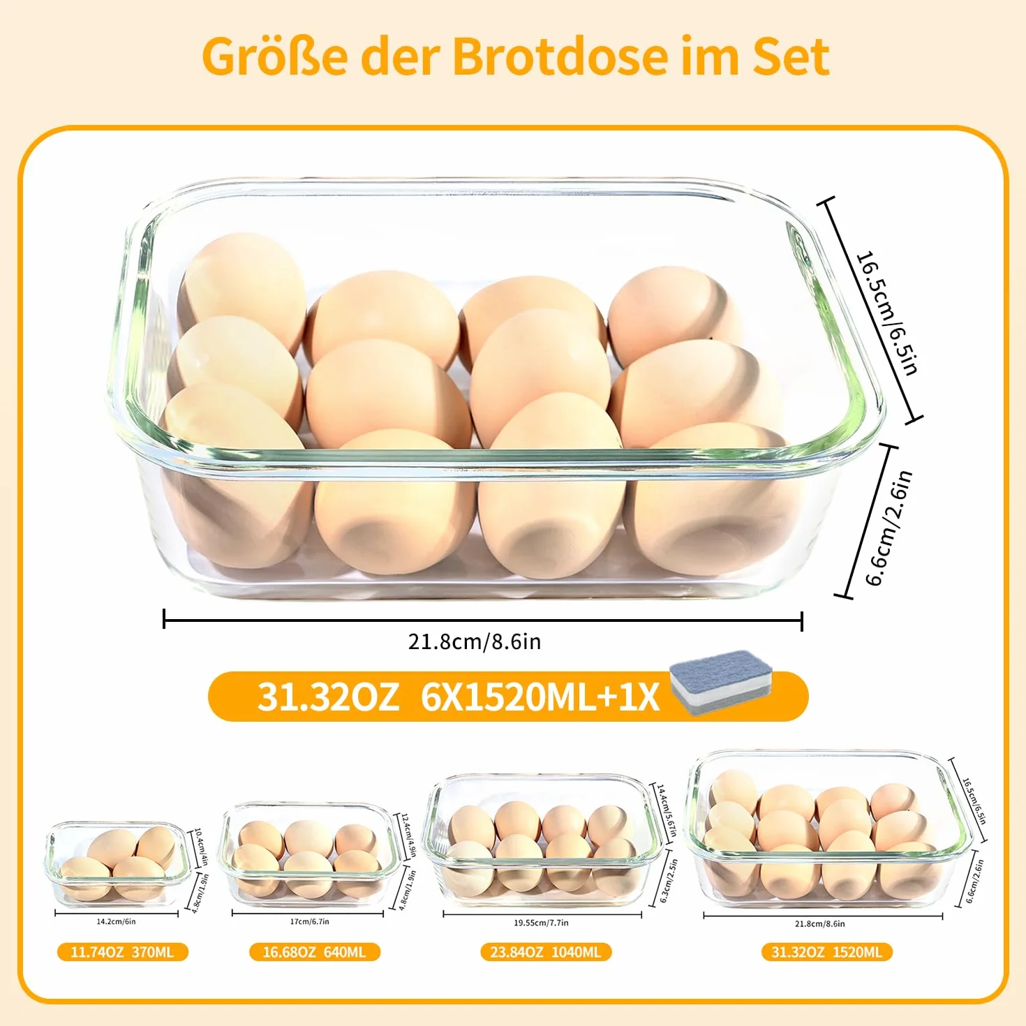 LNWSN Pojemniki na żywność, szklane z pokrywką, 6 sztuk, 1520 ml, wysoce przezroczyste szkło borokrzemowe, szczelne szklane pojemniki z pokrywką, pojemnik na żywność z gąbką do czyszczenia, nie