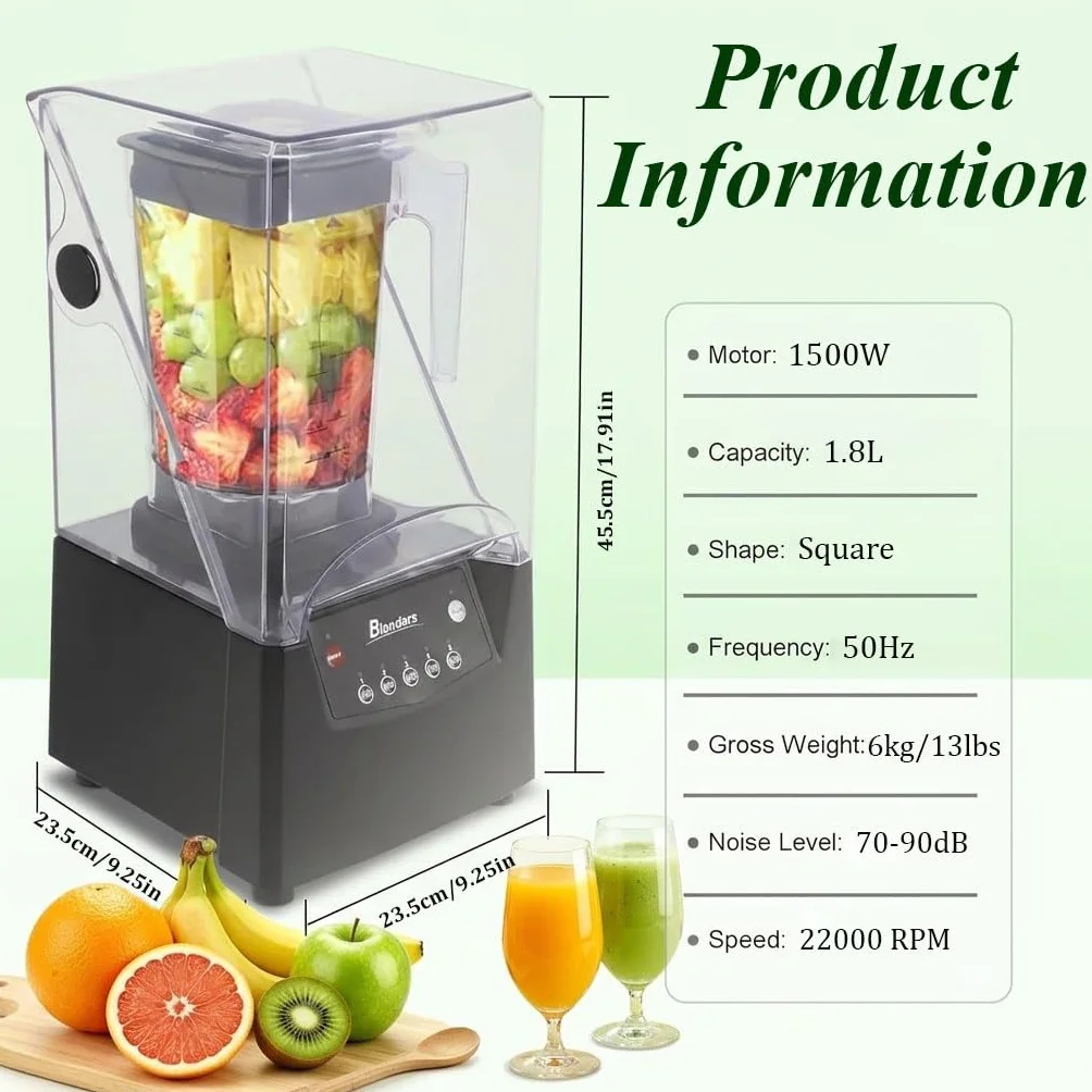 Dźwiękoszczelny Blender Komercyjny 1,8 l z Pokrywą, 22000 obr./min, 5 Prędkości, do Mrożonych Soków i Smoothie