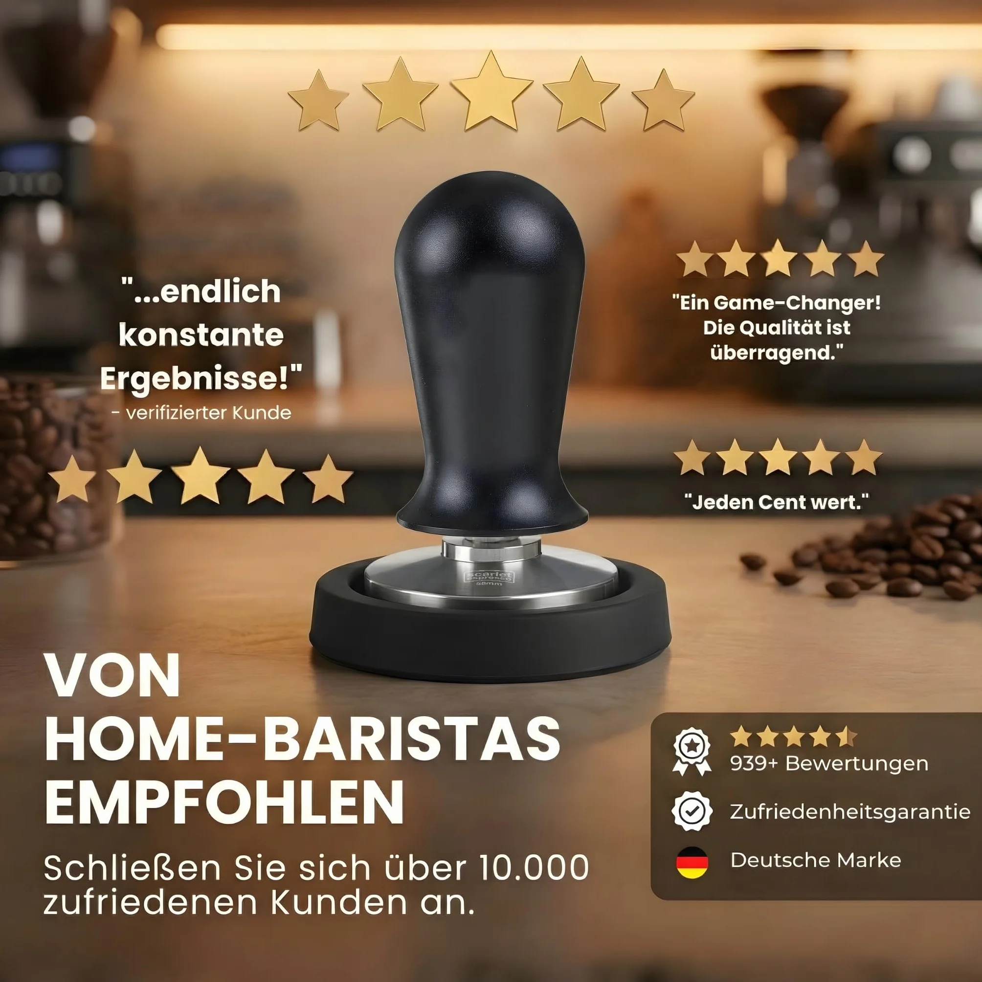 scarlet espresso | Tamper „Perfetto” dla baristy; skalibrowany na 15,88 kg (35 lbs) siłę nacisku; z uchwytem z aluminium lub szlachetnego drewna i precyzyjną podstawą ze stali nierdzewnej (57 mm)