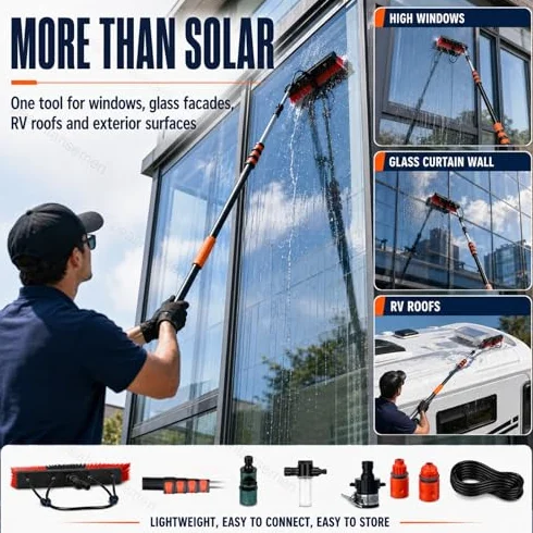 Pędzel słoneczny Pędzel do czyszczenia wód w wodzie Fed Carbon Fiber Pole 180" Rotatable Head Soft Bristles for Rooftops Windows Windows Bezziemny zasięg Efficieber Bez szorowania Nie jest potrzebna