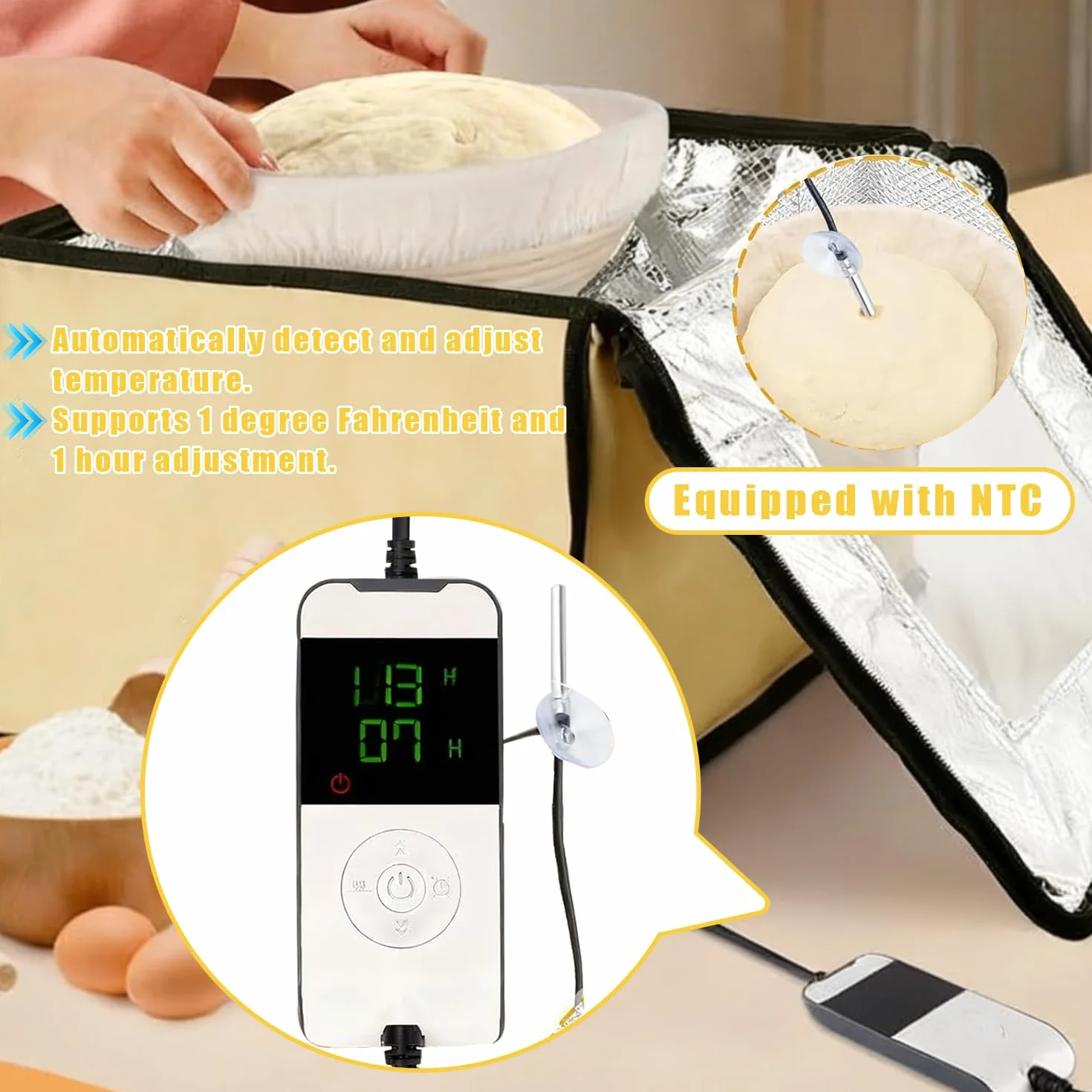 Pojemnik do fermentacji chleba z ogrzewaniem, składana elektryczna szafka do fermentacji chleba z wbudowanym czujnikiem temperatury NTC 50~113℉, cyfrowy wyświetlacz, timer od 0 do 12 godzin, do