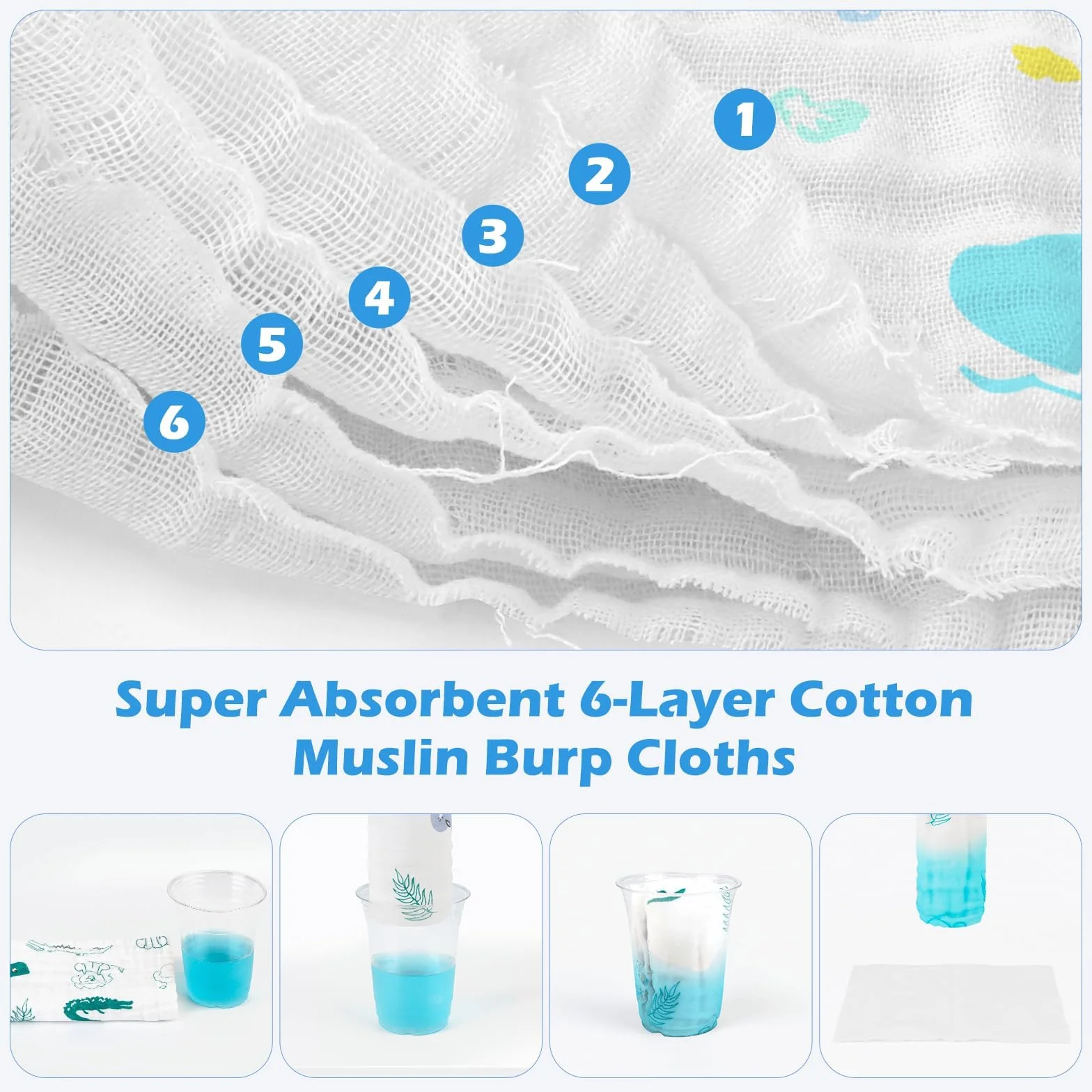 Maliton Baby Muslins Cotton, 6 Sztuk 70 * 70 cm Pieluchy Muslinowe, 6 Warstw Absorpcji Wody i Miękkości Szyfonu dla Niemowląt, Pieluszki Burp Wrażliwej Skóry Noworodków