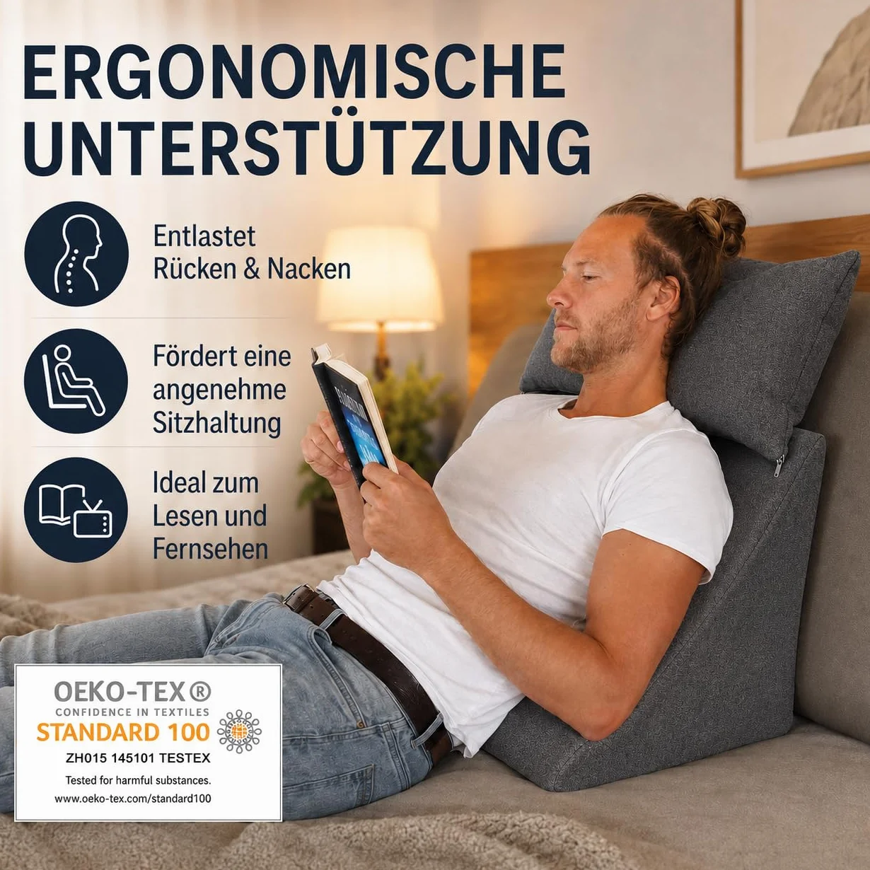Zestaw Poduszek do Czytania do łóżka i na Sofę - Ergonomicznie Ukształtowana Poduszka Klinowa plus Przytulna Poduszka na Sofę do Czytania, Oglądania Telewizji i Relaksu (ciemnoszary)