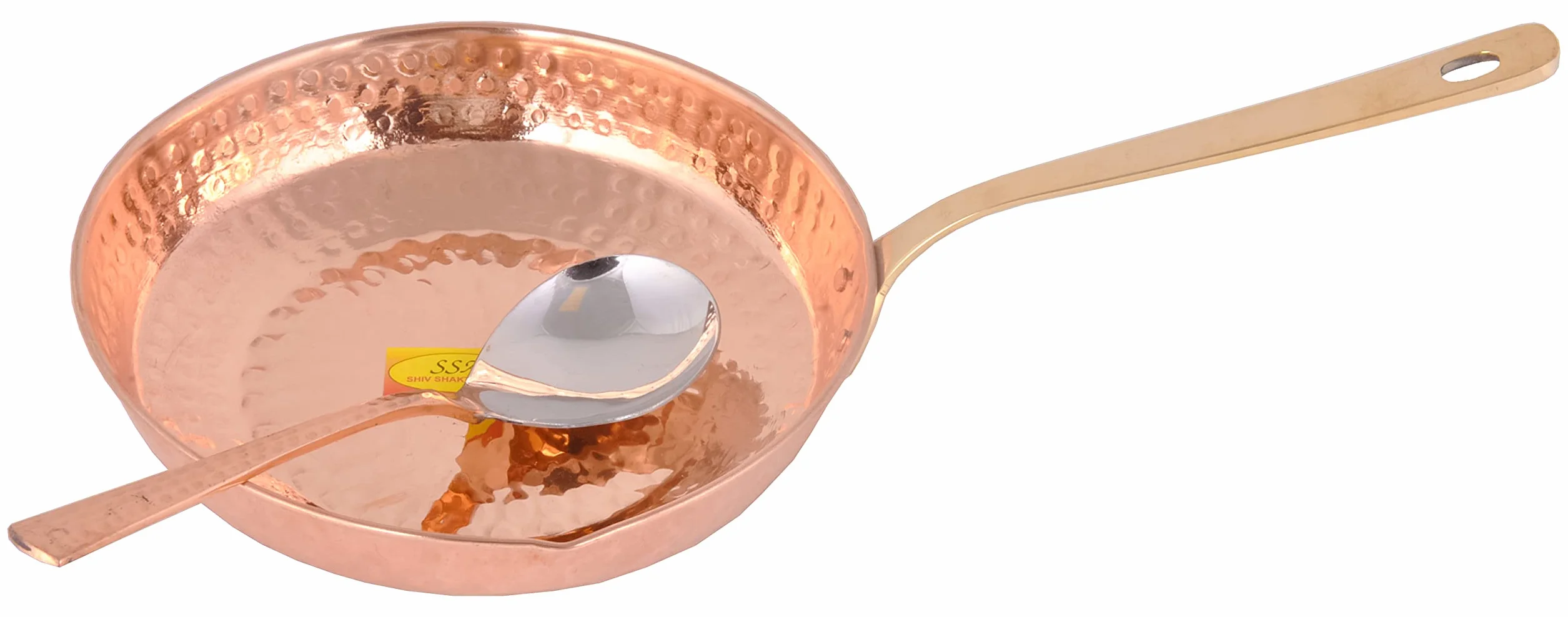 SHIV SHAKTI ARTS Miedziana patelnia Tadka patelnia z łyżką do serwowania, 850 ml, do smażenia, gotowania, serwowania naczyń, domu, hotelu, restauracji, kuchni, Diwali, prezent, 2 sztuki