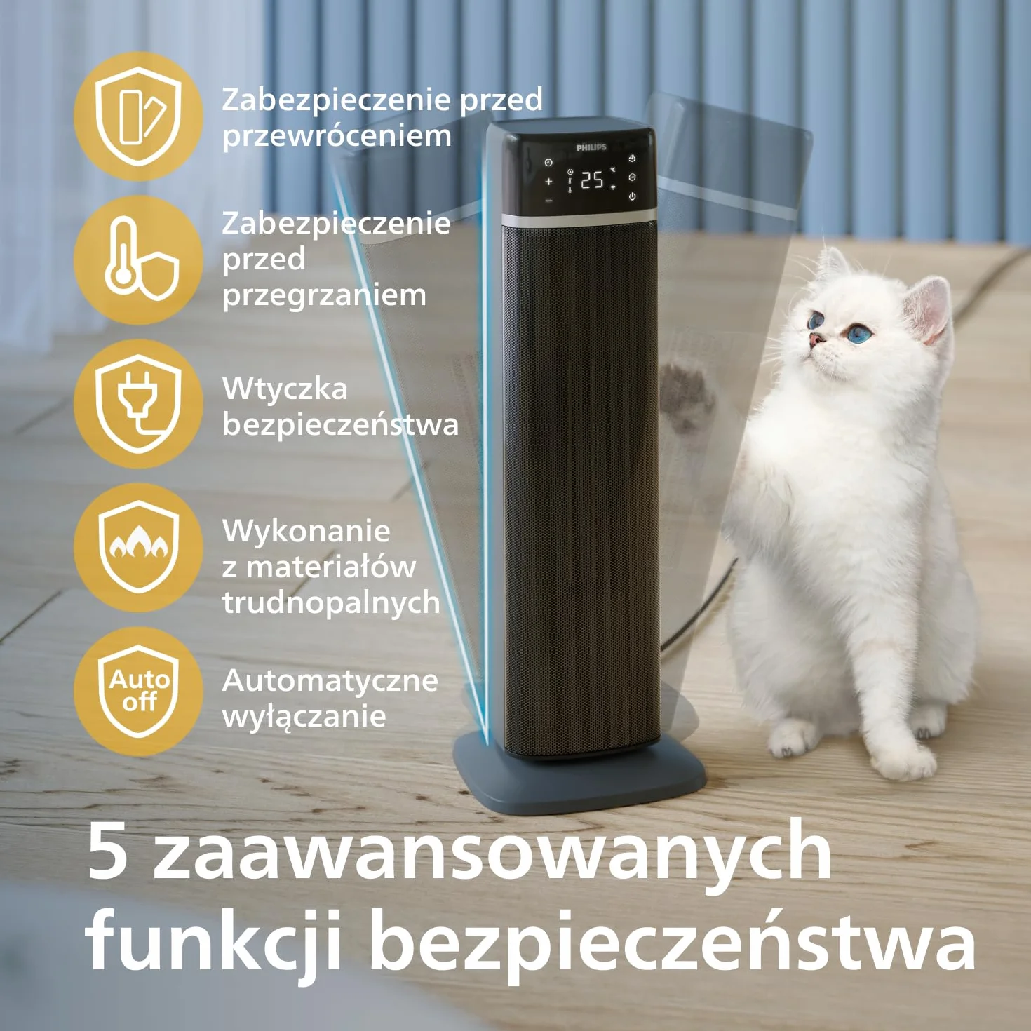 Termowentylator Philips serii 5000, energooszczędny (do 50%), podłączony do aplikacji, 2000W, wyświetlacz temp., 5 funkcji bezpieczeństwa, 4 tryby, oscylacja 60°, cichy, czarno-ciemnoszary (CX5120/11)
