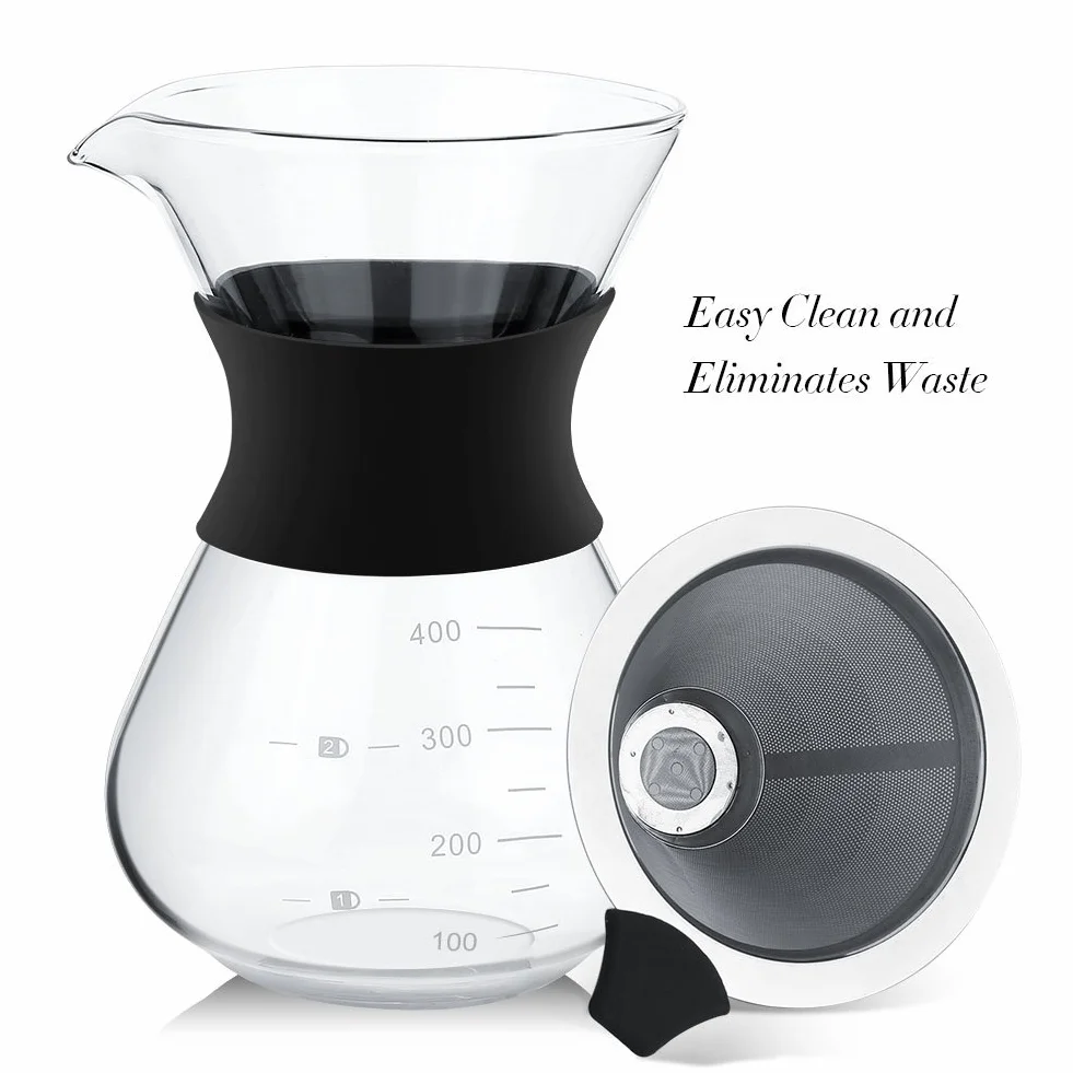Ekspres do kawy „Pour Over” ze stałym filtrem ze stali nierdzewnej i karafką. Ekspres do kawy, dzbanek szklany, przezroczysty, 400ml