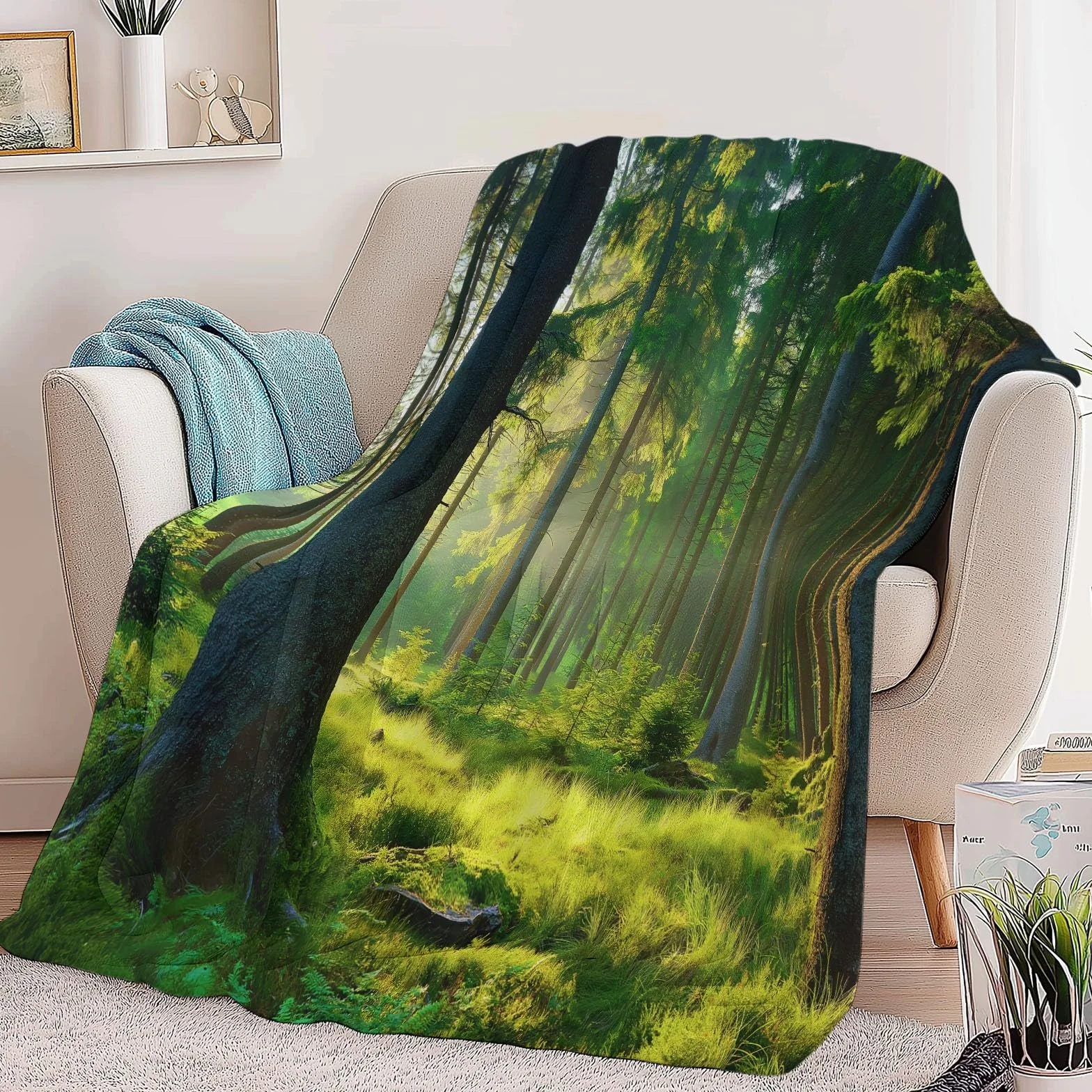 Koc polarowy flanelowy Natura las Słońce Polar, narzuta na sofę, przytulny koc, 2-osobowy koc na łóżko w kratę zimowy, 220 x 240 cm Żółty Zielony