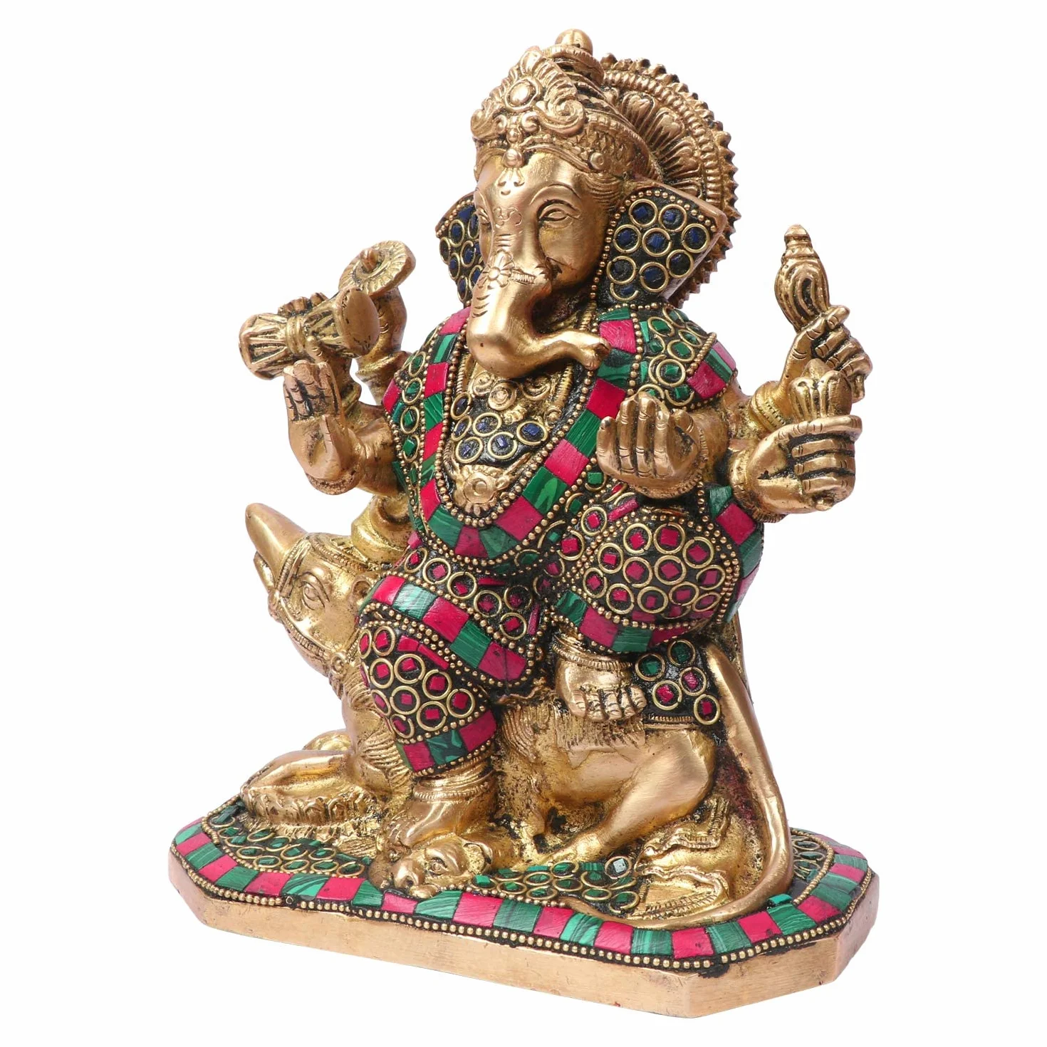 Kartique Mosiężny lord Ganesha Bhagwan idol Mangalkari Ganpati statuetka do wejścia do domu dekoracja salonu siedzący na myszce Mooshak Sawari złoty wielokolorowy wysokość 20 cm