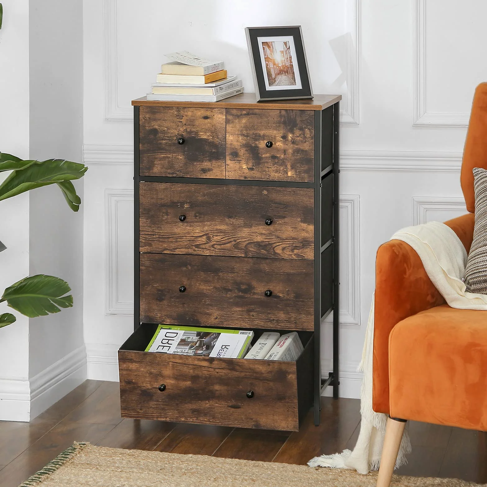 SONGMICS komoda, szafka do przechowywania, szuflady materiałowe z frontem MDF, wzornictwo przemysłowe, na korytarz, do salonu, w stylu vintage, brązowo-czarna, LGS45H
