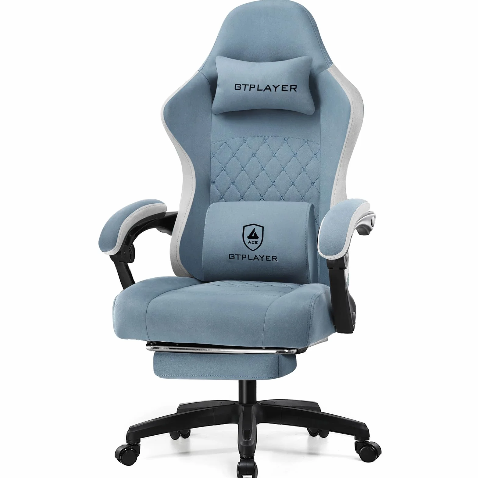 GTPLAYER Fotel gamingowy, ergonomiczny fotel gamingowy, krzesło do biurka z powierzchnią z materiału, poduszka sprężynowa, podłokietniki łączące i podnóżek, jasnoniebieski