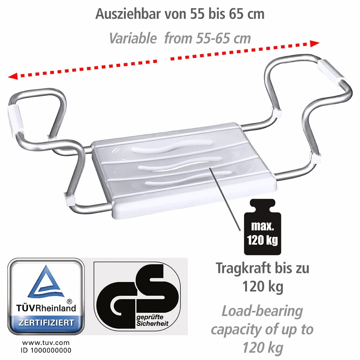 WENKO Fotel do wanny Secura wysuwany 150 kg biały 26 x 55-65 x 18 cm
