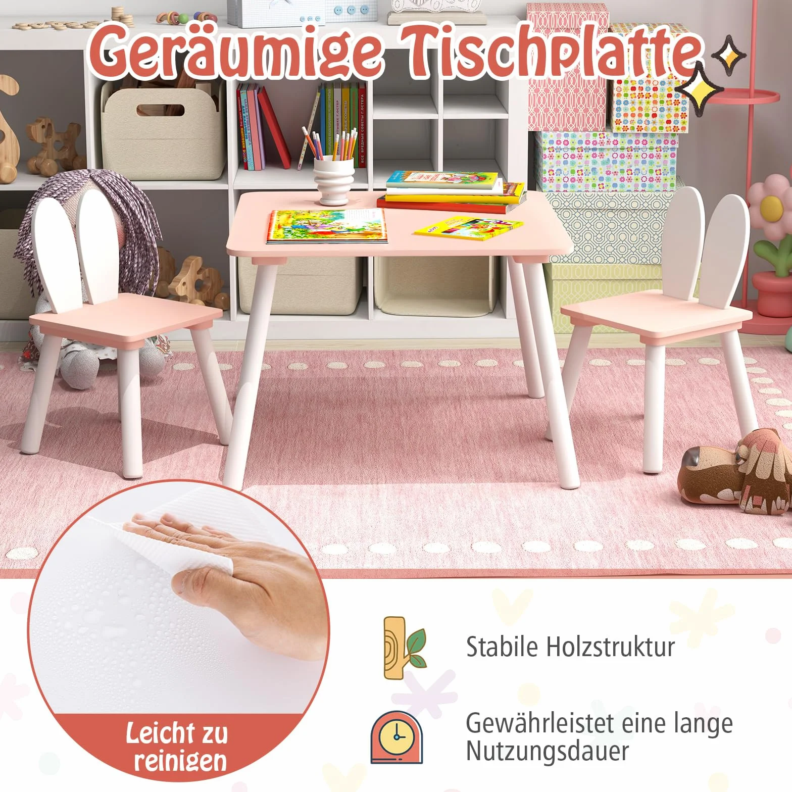 COSTWAY Stół dla dzieci z 2 krzesłami 3-częściowy zestaw mebli z litego drewna