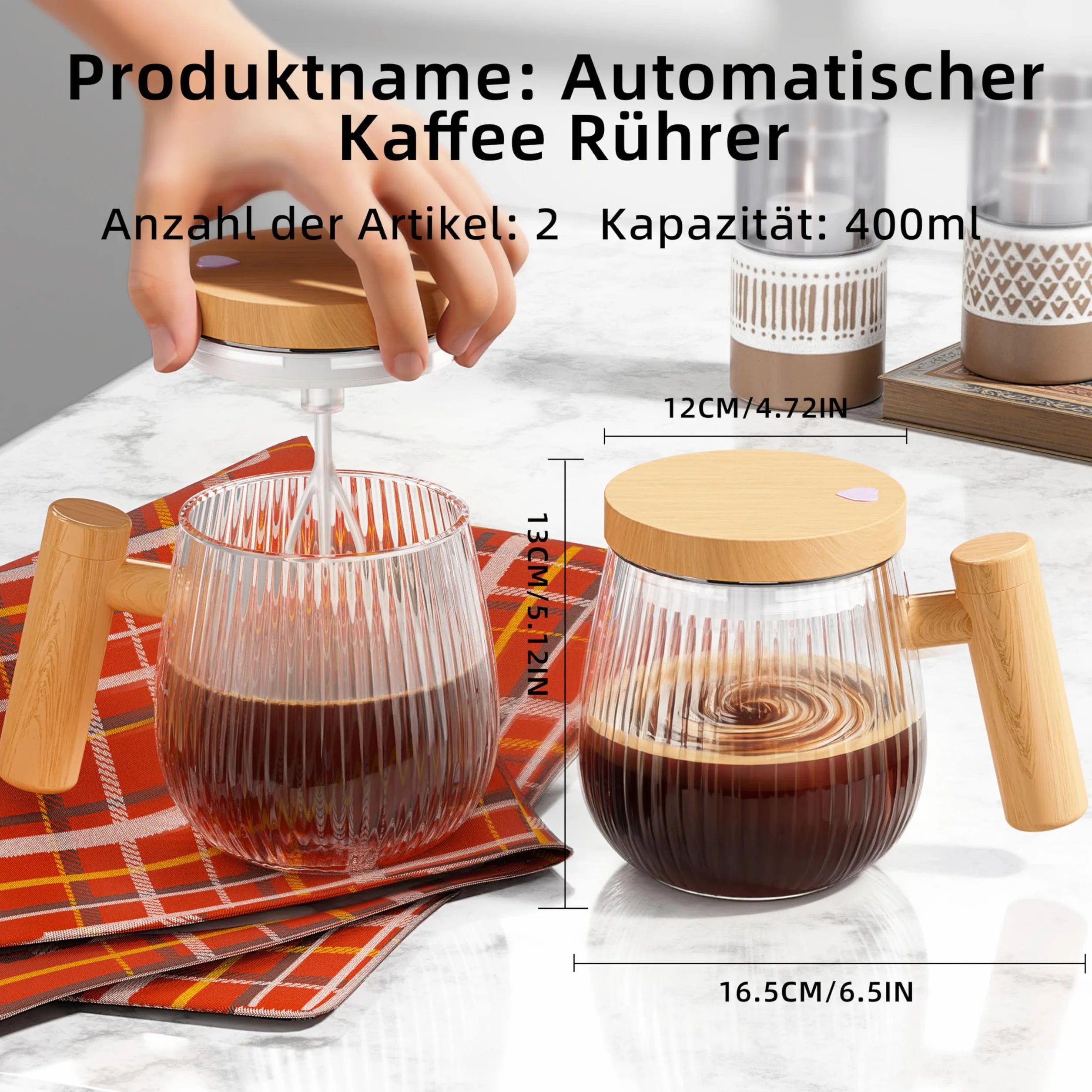 Elektryczny kubek do samodzielnego mieszania, zestaw 2 sztuk, 400 ml, wysoka prędkość do kawy/mleka/białka w proszku, odporny na wysokie temperatury szklany mikser do kawy z pokrywką (przezroczysty S)