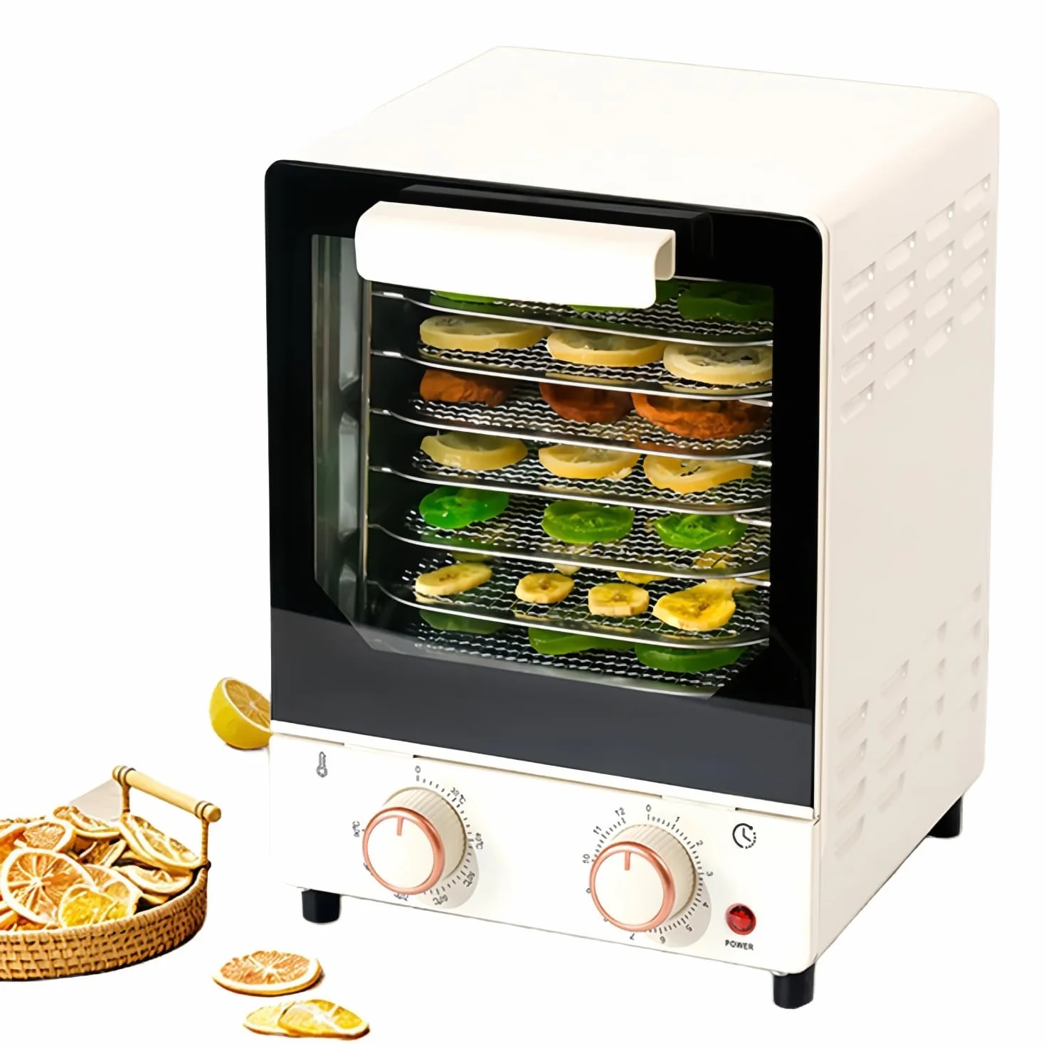 Suszarka do żywności 250W, 30℃-90℃ z podwójnym pokrętłem do suszenia owoców | Suszarka z siatki ze stali nierdzewnej 304, magnetyczne przezroczyste drzwi szklane, do domowych chipsów owocowych - 8 warstw
