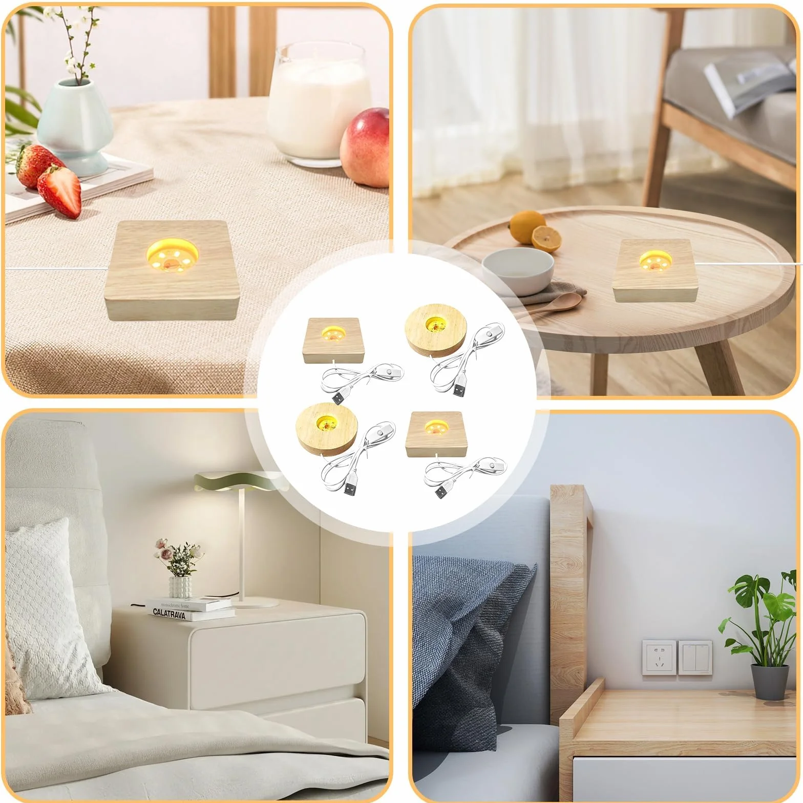 Drewniana podstawa świetlna LED, 4 sztuki, USB LED, do szkła akrylowego, ciepła barwa LED, podstawa do oświetlenia kryształowego, akrylowego, biżuterii, żywicy (kwadrat)