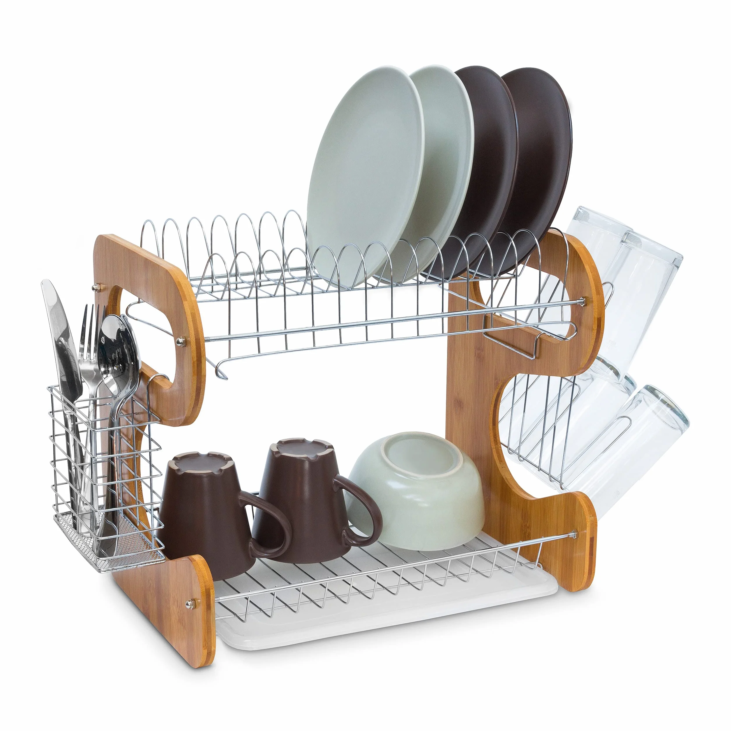Relaxdays Opróżnianie 2 poziomy duży stojak kuchenny bambusowa taca ociekowa i kosz na sztućce ociekacz do naczyń metalowy, brązowy/srebrny, 26,5 x 40 x 33,5 cm
