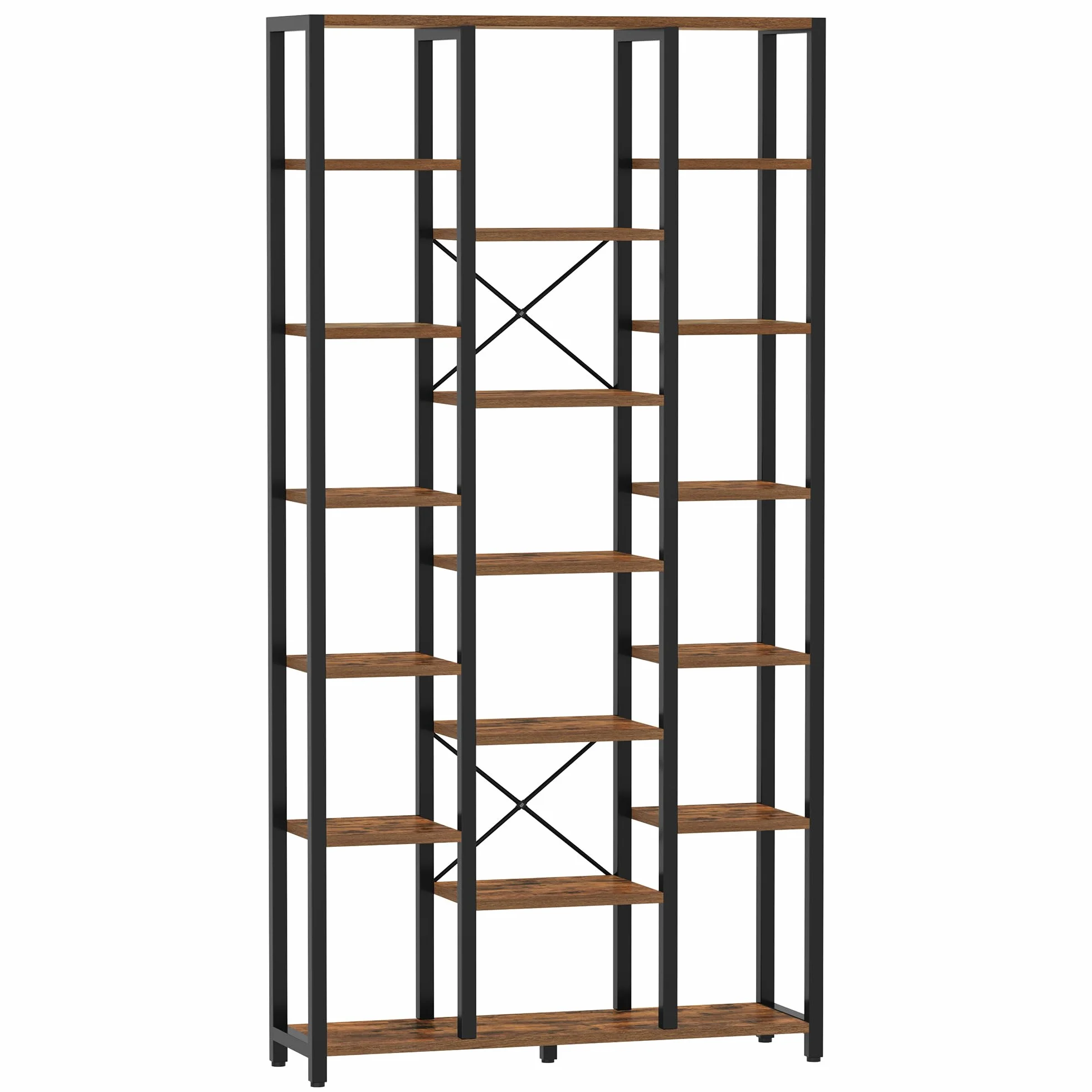 Hzuaneri Regał, 7-poziomowa biblioteczka z 18 otwartymi półkami, regulowany regał do salonu lub biura domowego, 30 x 100 x 200 cm, Rustykalny brąz i czerń, BC15601B