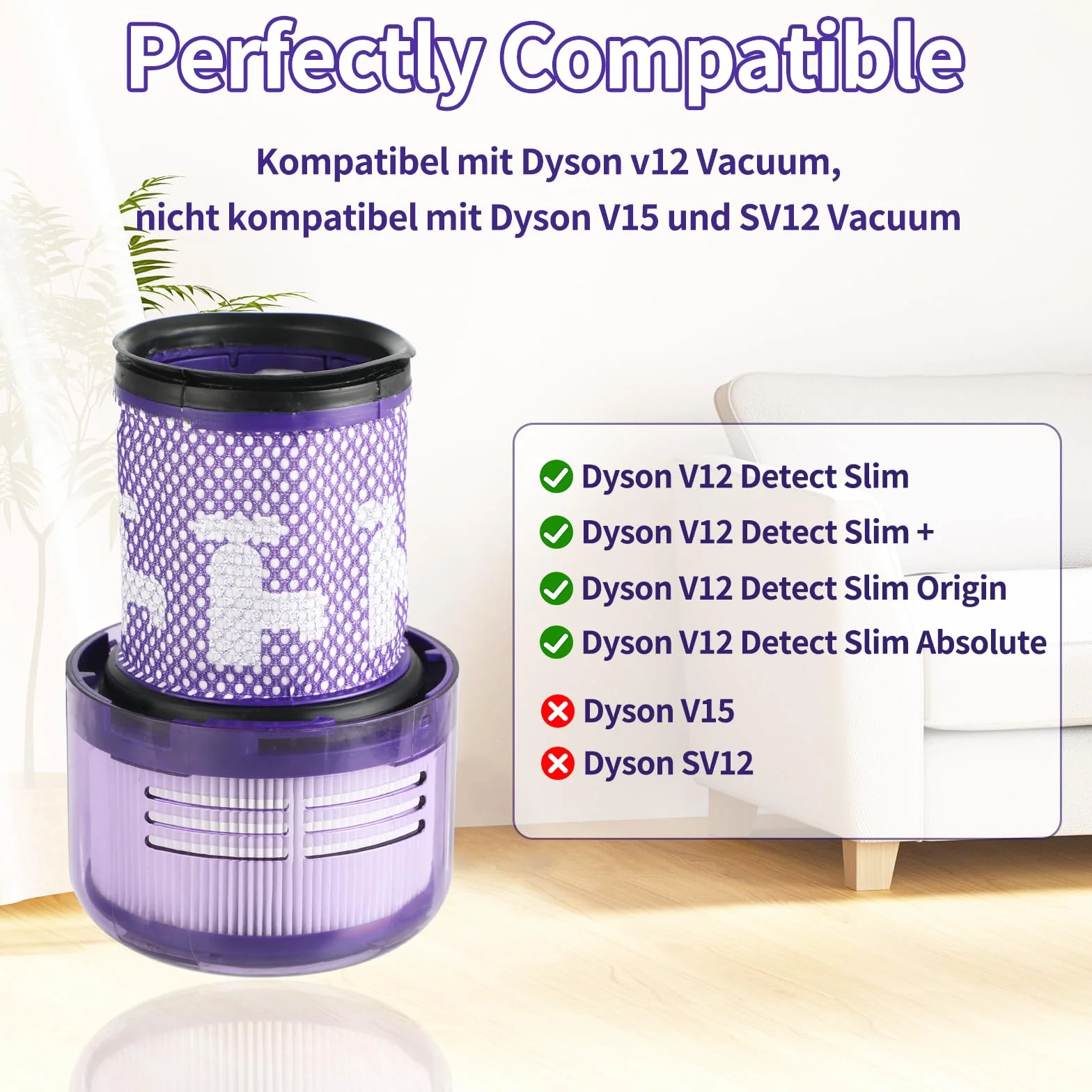 2 sztuki filtrów zamiennych do odkurzacza Dyson V12 Detect Slim, kompatybilne z Absolute, Extra, Total Clean, Fluffy – Filtry do mycia do odkurzacza Dyson V12 – zastępują część 971517-01