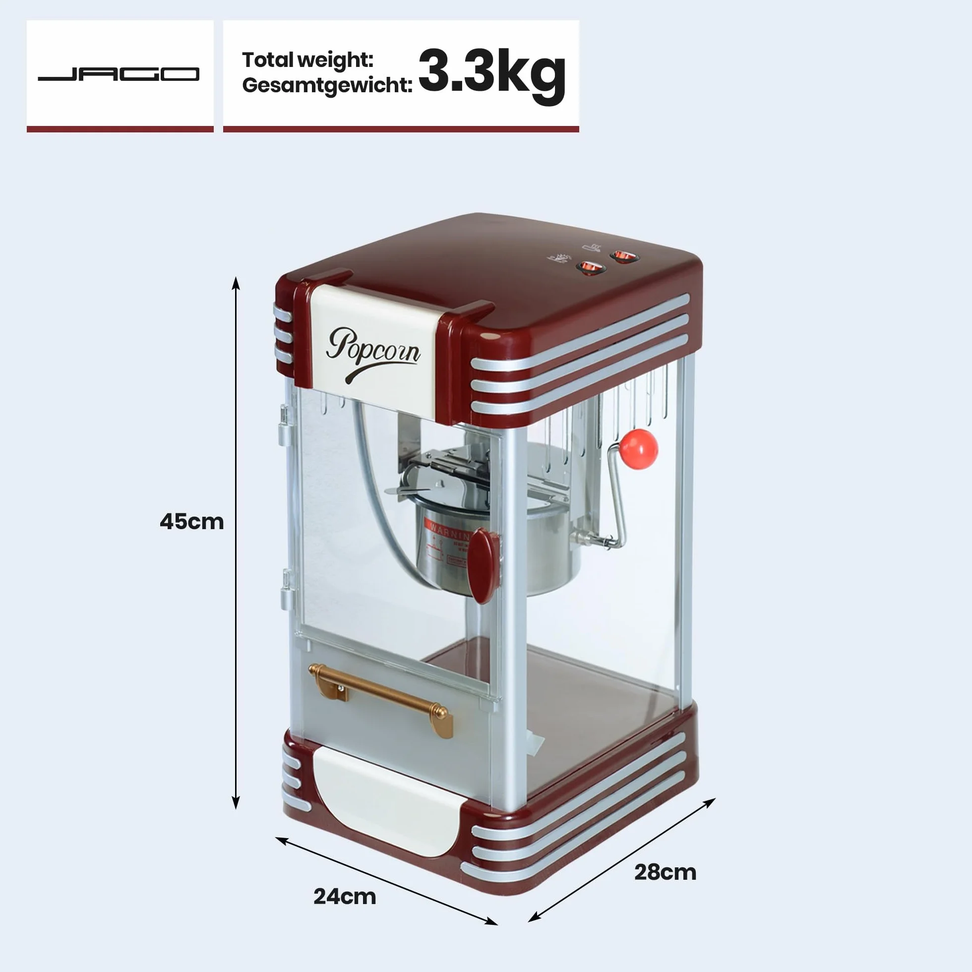 Jago® Maszyna do popcornu retro – 60 l/h, 200 g/10 min, garnek ze stali nierdzewnej, do słonego popcornu – wygląd w stylu lat 50., profesjonalna maszyna robienia, automat