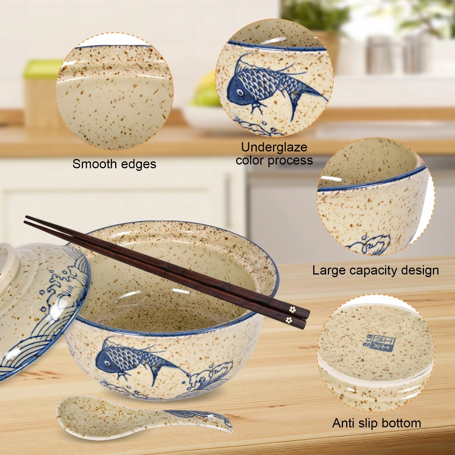 2 x zestaw misek do ramen 800 ml, ceramiczna miska do ramen z pokrywką, łyżką i pałeczkami, japońska miska na zupę, azjatyckie naczynia Ø 16 cm, miska na rameny, sałatki, musli (A)