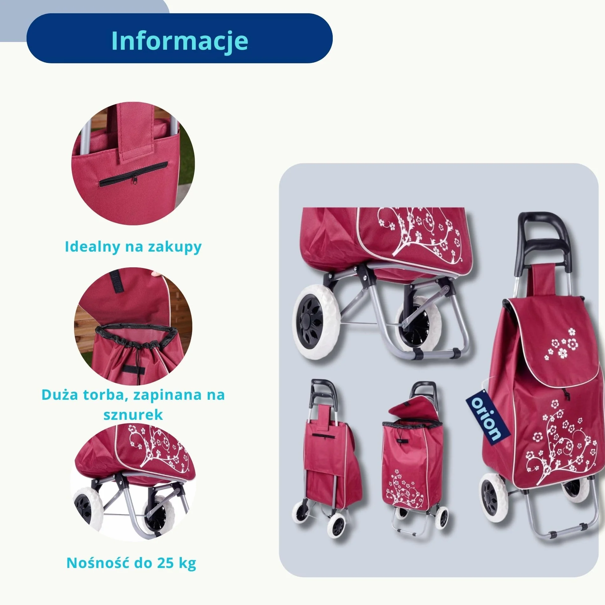 Wózek na zakupy, wózek na zakupy, torba na zakupy na kółkach, kolor czerwonego wina, 30 l, 25 kg