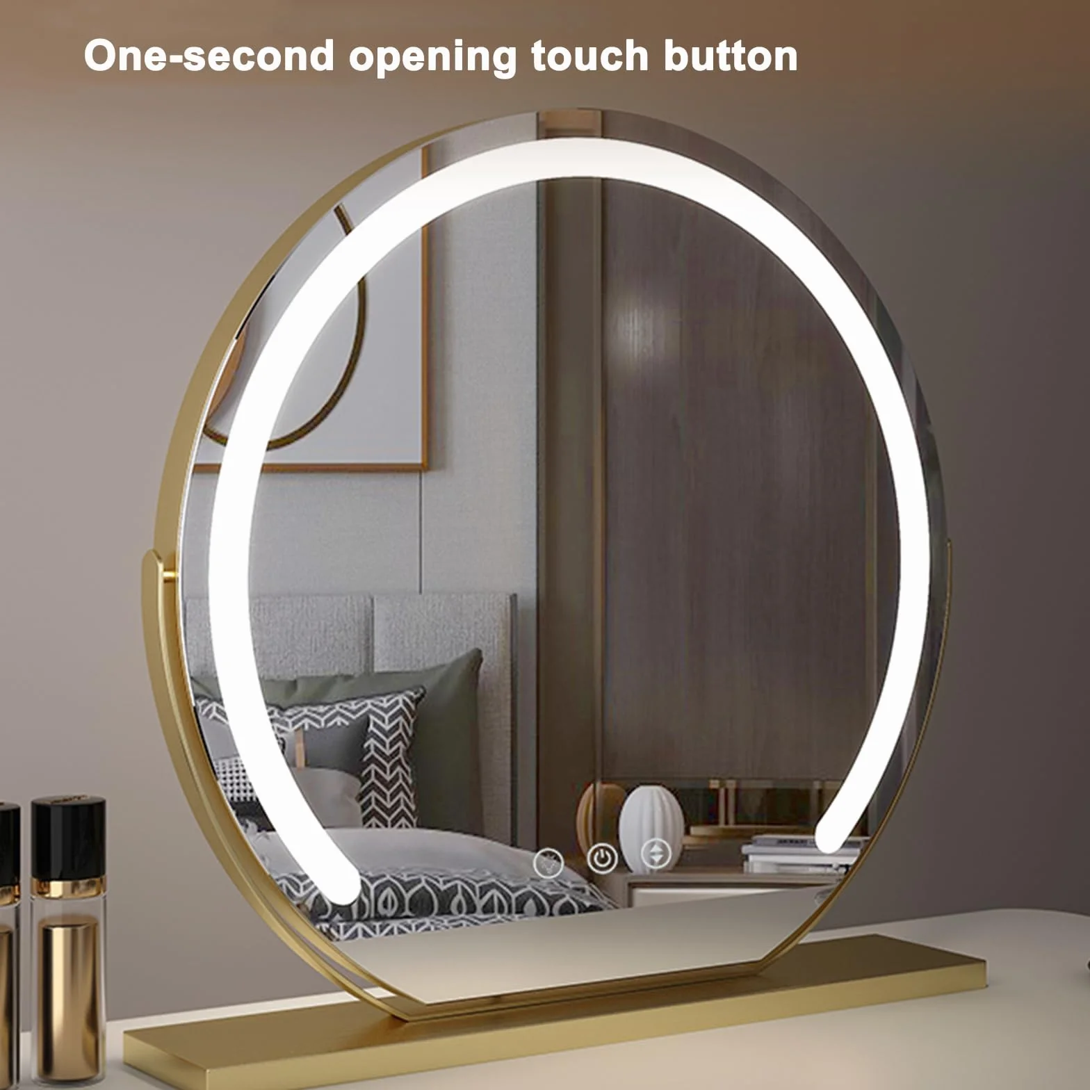 Led Vanity Mirror, Podświetlane Lustro, Blat Stołu Do Makijażu, Okrągłe 360 ° Obrót Lusterko Do Makijażu Ekran Dotykowy Lusterko Kosmetyczne Ze ściemnianiem (φ600mm, Biały)(Size:60cm,Color:Złoty)