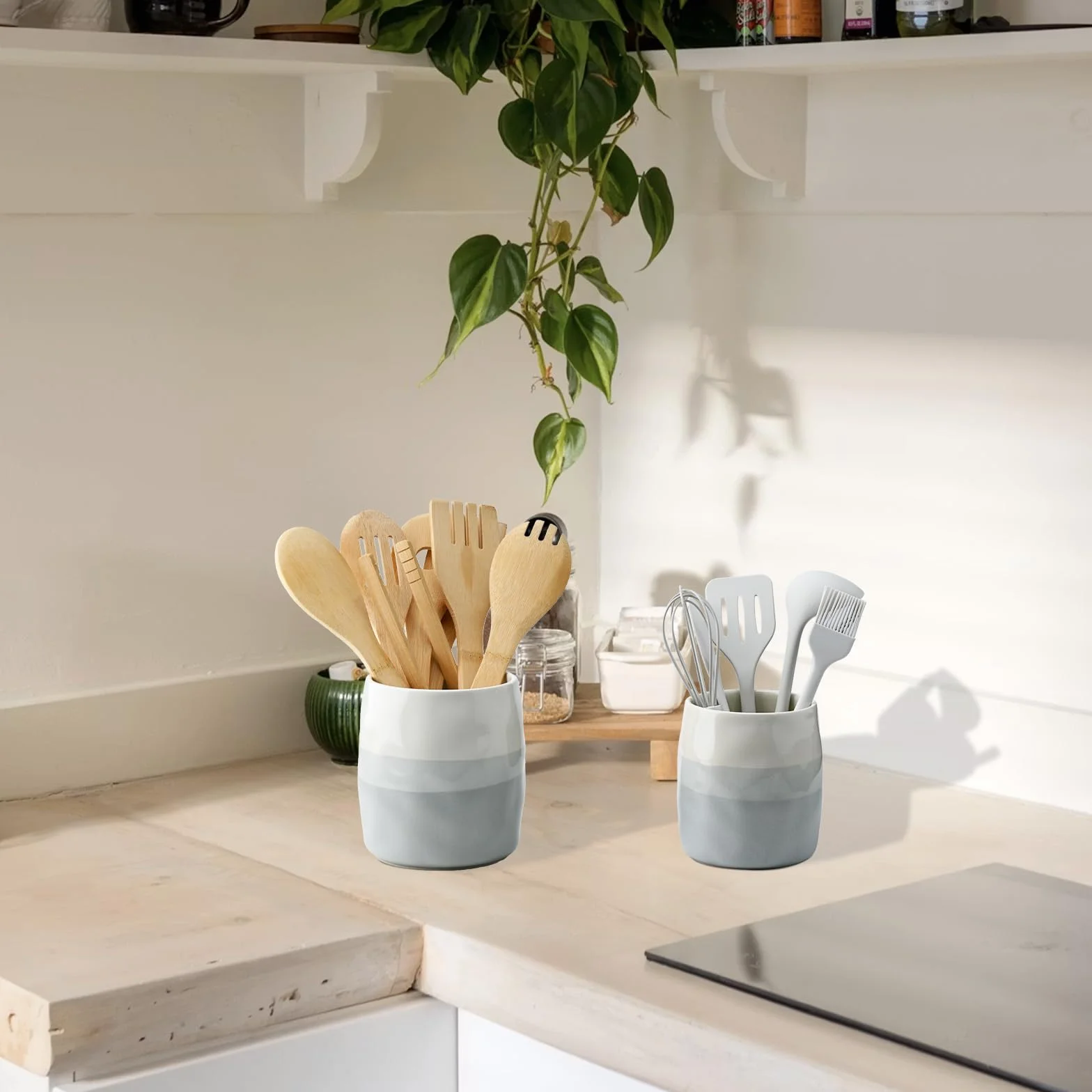 Ceramiczny Pojemnik na Przybory Kuchenne, Garnek na Akcesoria Kuchenne do Organizacji Blatu, Ceramiczny Organizer na Łyżki, Szpatułki i Sztućce, Kremowo-Szary Warstwowy Design (S)