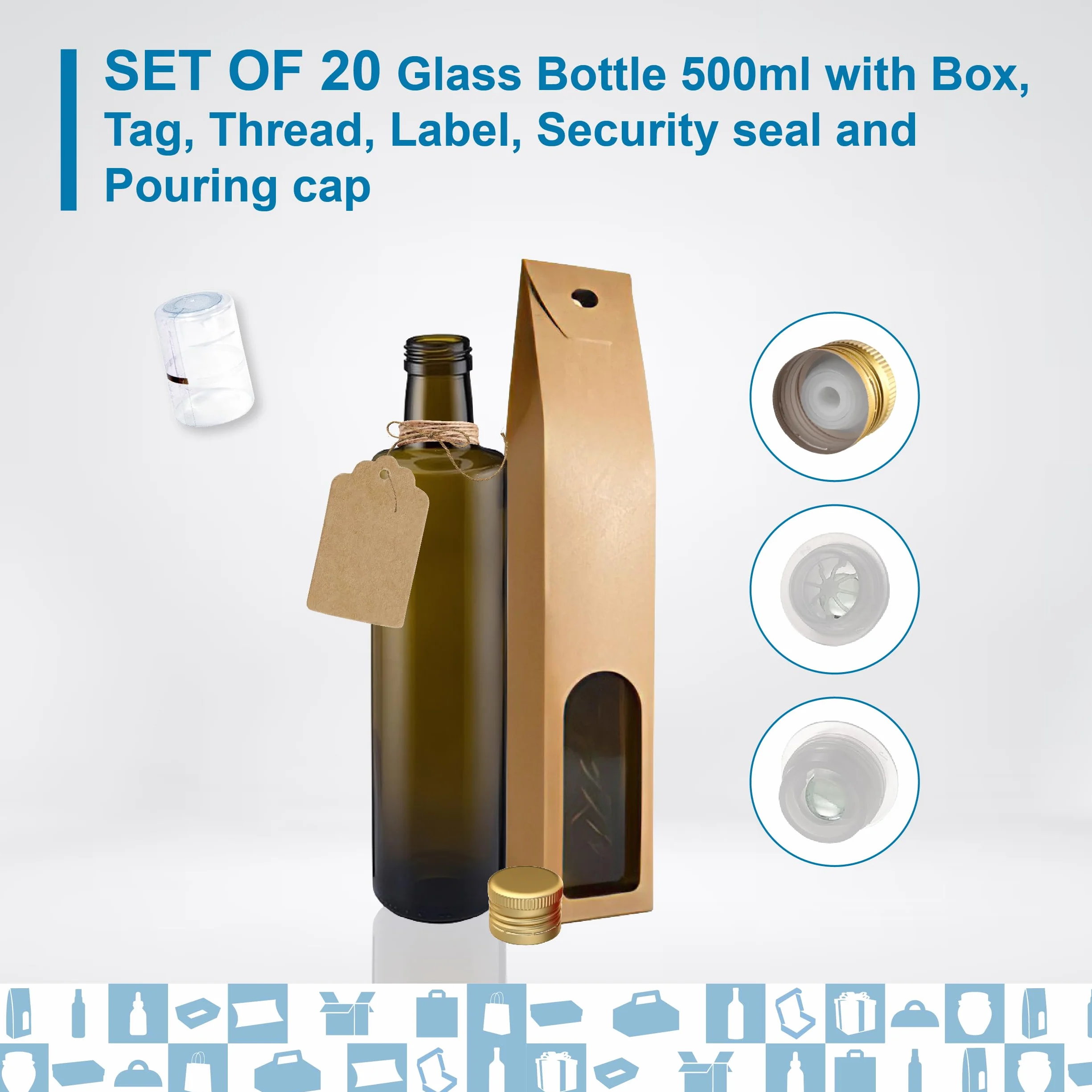 20 butelek z ciemnego szkła 500 ml ze złotą nakrętką z wylewką + 20 puszek + 20 uszczelek + 20 niestandardowych etykiet + 20 etykiet kraft + sznurek - oliwa z oliwek - olej