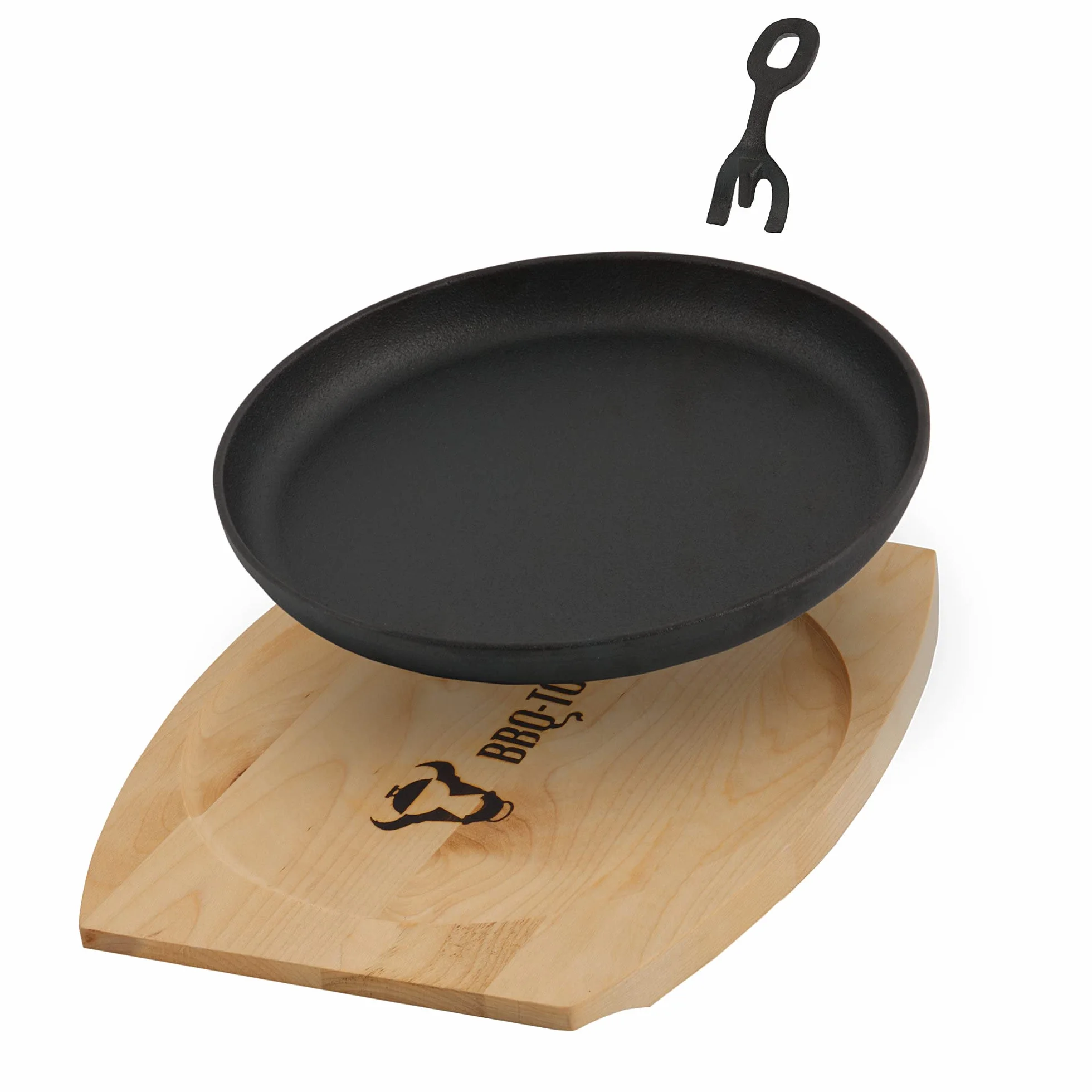 BBQ-Toro żeliwna patelnia serwująca z drewnianą podstawą (1 sztuka) | Ø 22 cm - okrągła | już wypalona - wstępnie wypalona | patelnia grillowa z odpinanym uchwytem | patelnia żeliwna, patelnia do