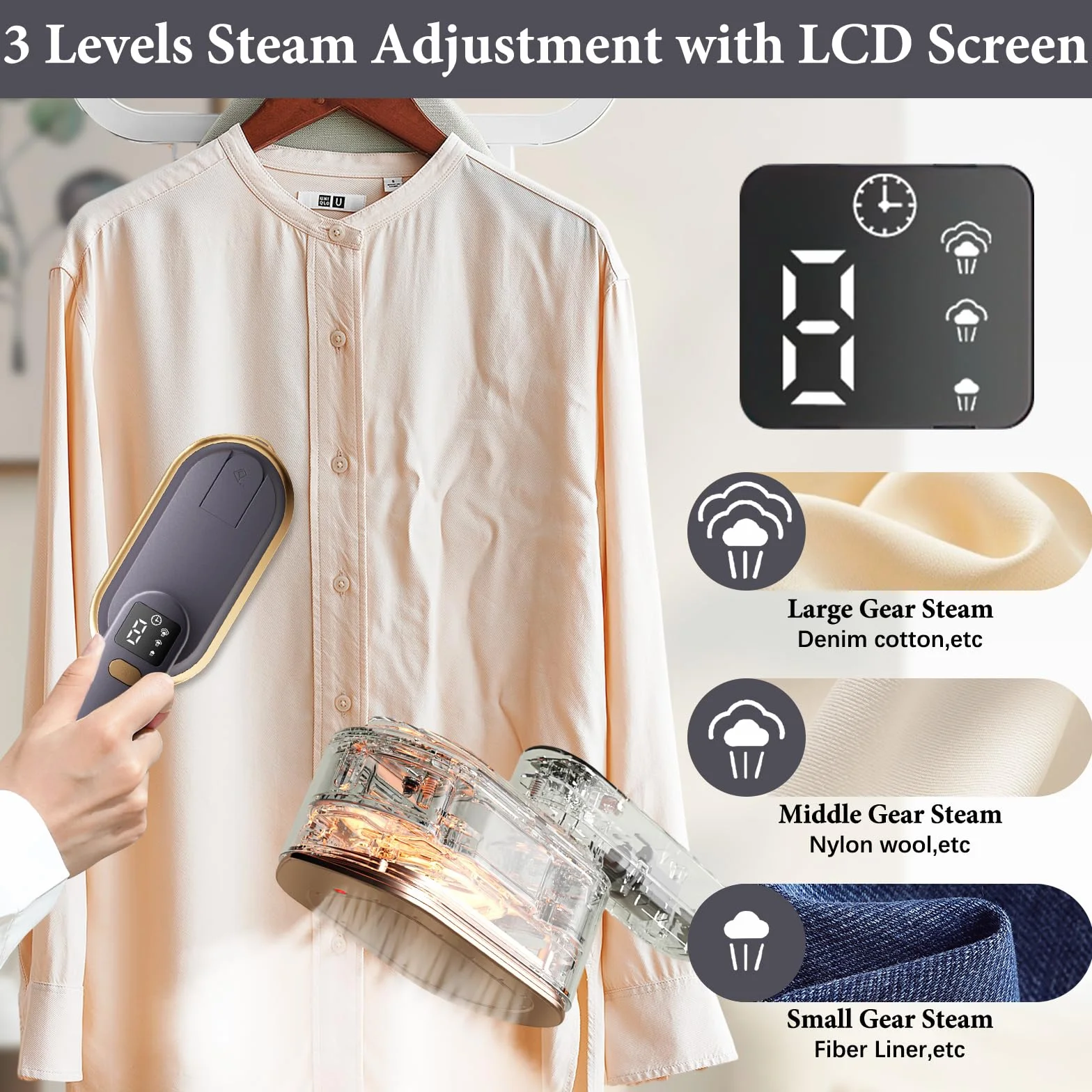 Steam Iron Travel Steamer z ekranem LCD, szybkie nagrzewanie 10 s, 2000 W, z obrotowym uchwytem o 180°, przenośny ręczny parowar do ubrań, 3 poziomy pary, do podróży, domu, biura (szary)