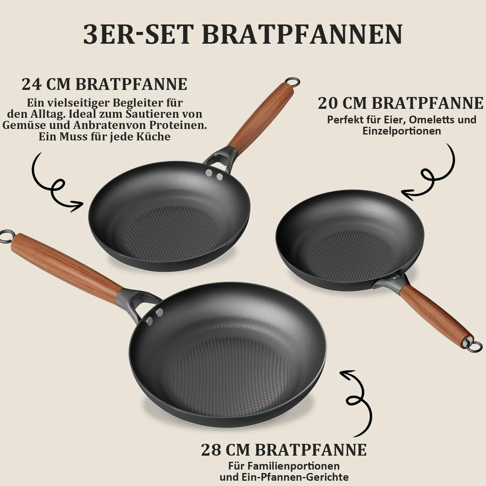 YUTANN Zestaw patelni nieprzywierających, 20 cm 25 cm 30 cm ceramiczne patelnie, wstępnie sezonowane żeliwne naczynia kuchenne z fajnym uchwytem, nadają się do mycia w zmywarce, bez PFAS i PFOA