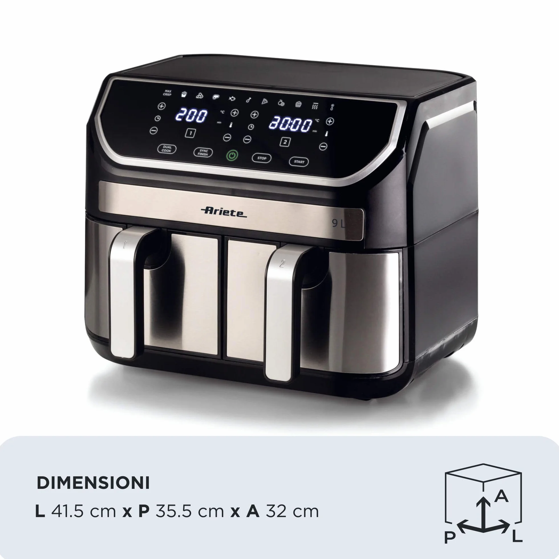 Ariete 4625 frytkownica powietrzna 9 l, 2100 W, pojemność 9 l, podwójny kosz, pojemność gotowania 3,6 kg, 11 zaprogramowanych programów, funkcja Max Crisp, temperatura do 200°C, nieprzywierający kosz
