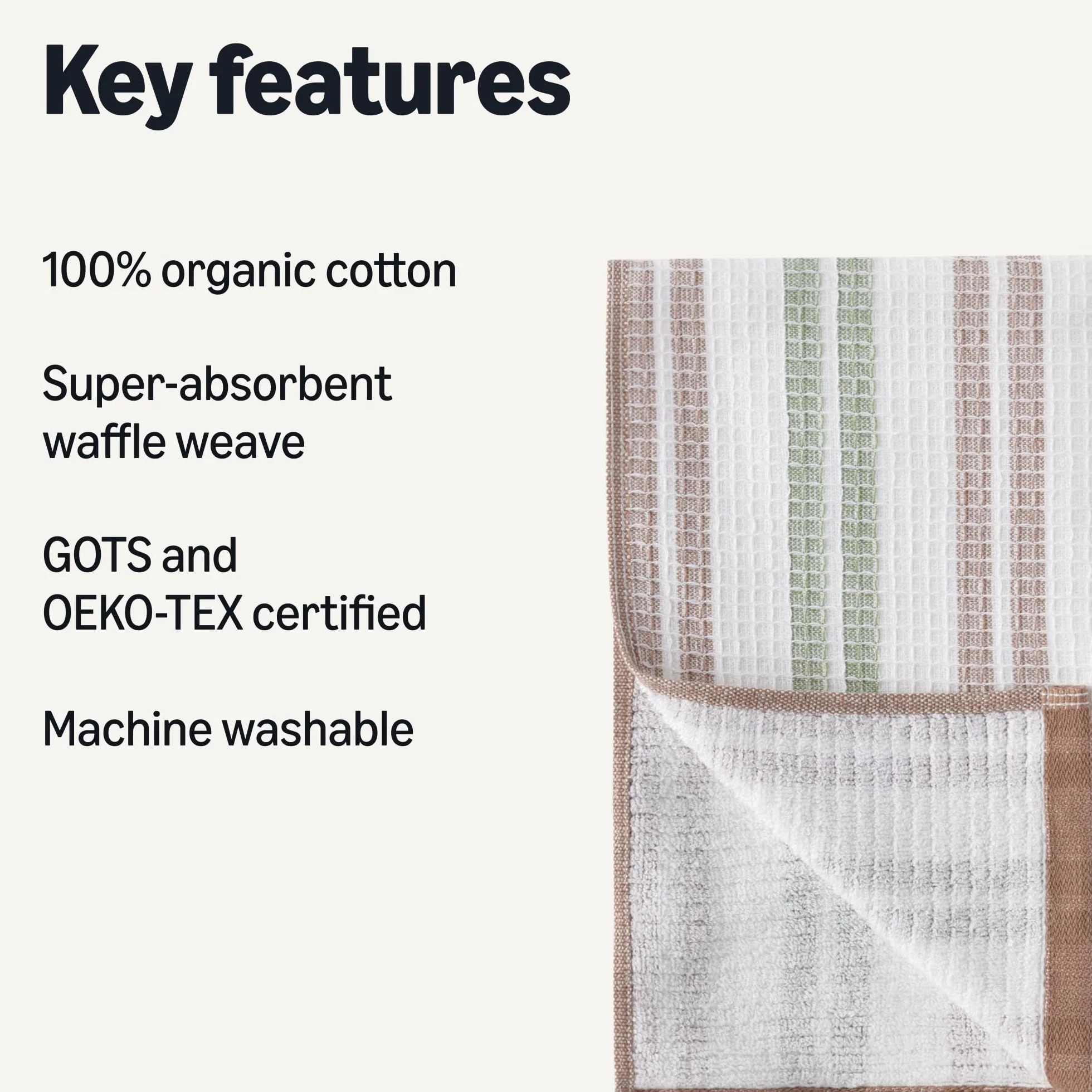 Amazon Basics Ściereczki do naczyń o strukturze wafla ze 100% ekologicznej bawełny, bardzo chłonne, szybkoschnące, niekłaczące, 38cm x 64cm, zestaw 6 szt., zielone, brązowe, białe