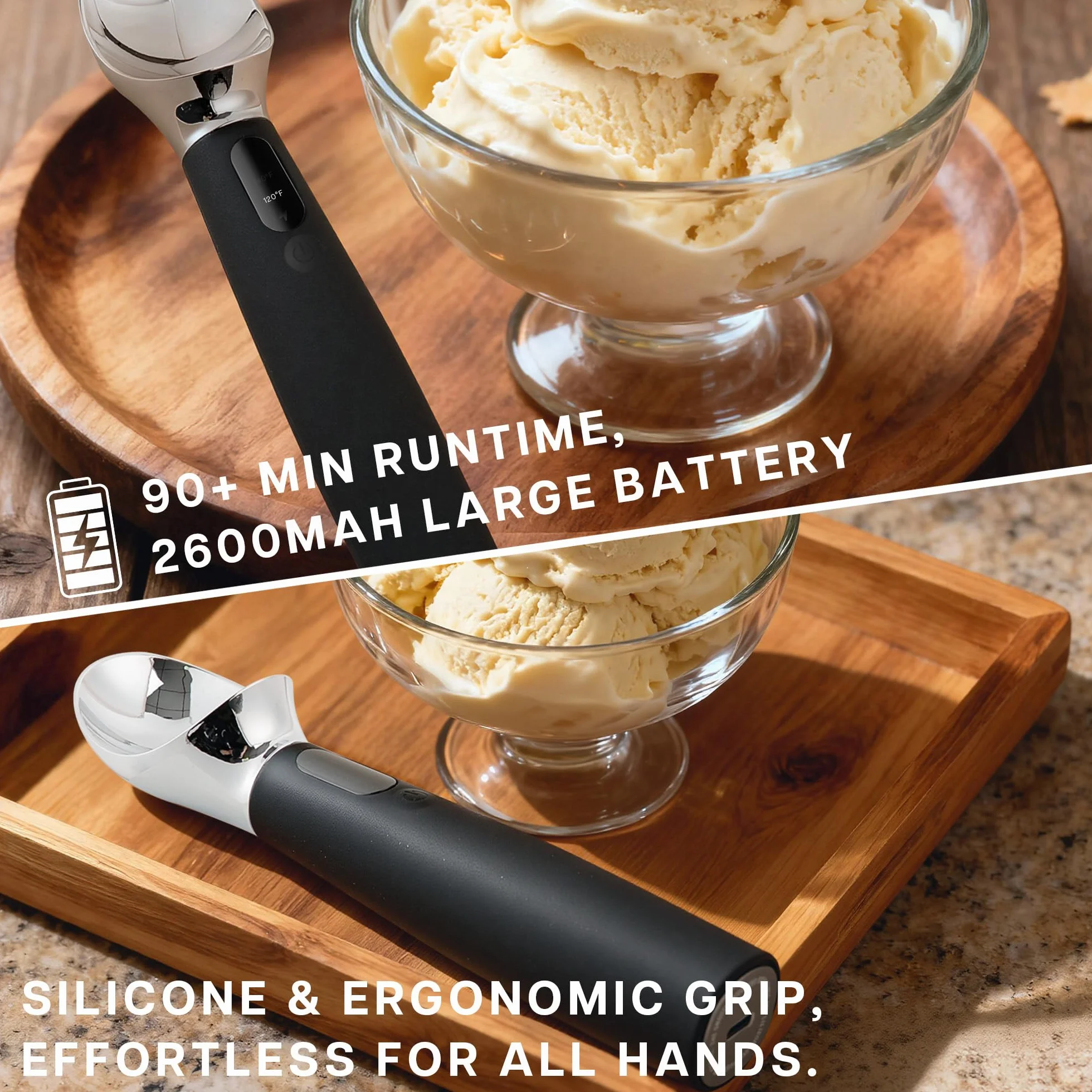 VRAIKO Heated Ice Cream Scoop | Warming Icecream Scooper with 3-Level Adjustable Heats - 120/140/160℉, LED Display, 2600mAh Capacity, Rechargeable | for Hard Ice Cream and More (Black)