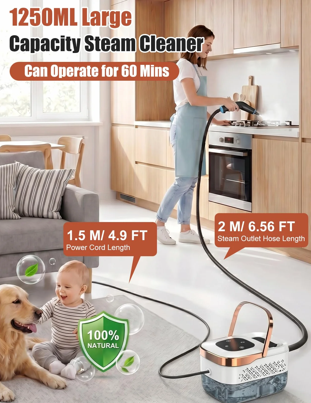 Odkurzacz Parowy, Wielofunkcyjny Ręczny Odkurzacz Parowy o Mocy 2500 W z 6 Regulowanymi Prędkościami i 8 Rodzajami Dysz, Przenośny 1250 ml, Wysokociśnieniowy
